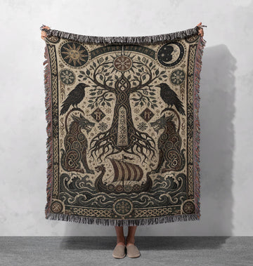 Viking Wolf Blanket - Norse Raven 100% Cotton Woven Blanket, Mythic Tree Wolf Longship Throw