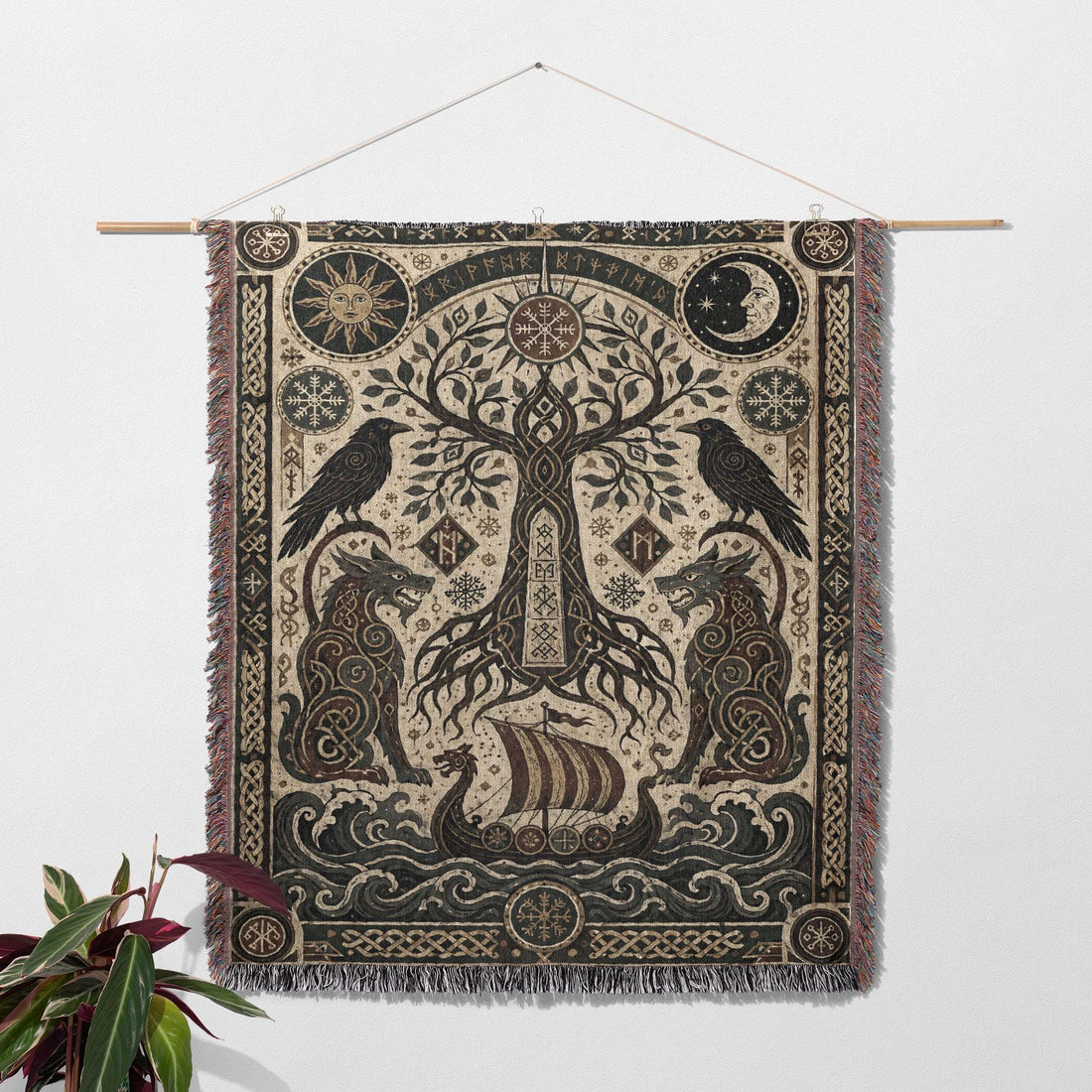 Viking Wolf Blanket - Norse Raven 100% Cotton Woven Blanket, Mythic Tree Wolf Longship Throw
