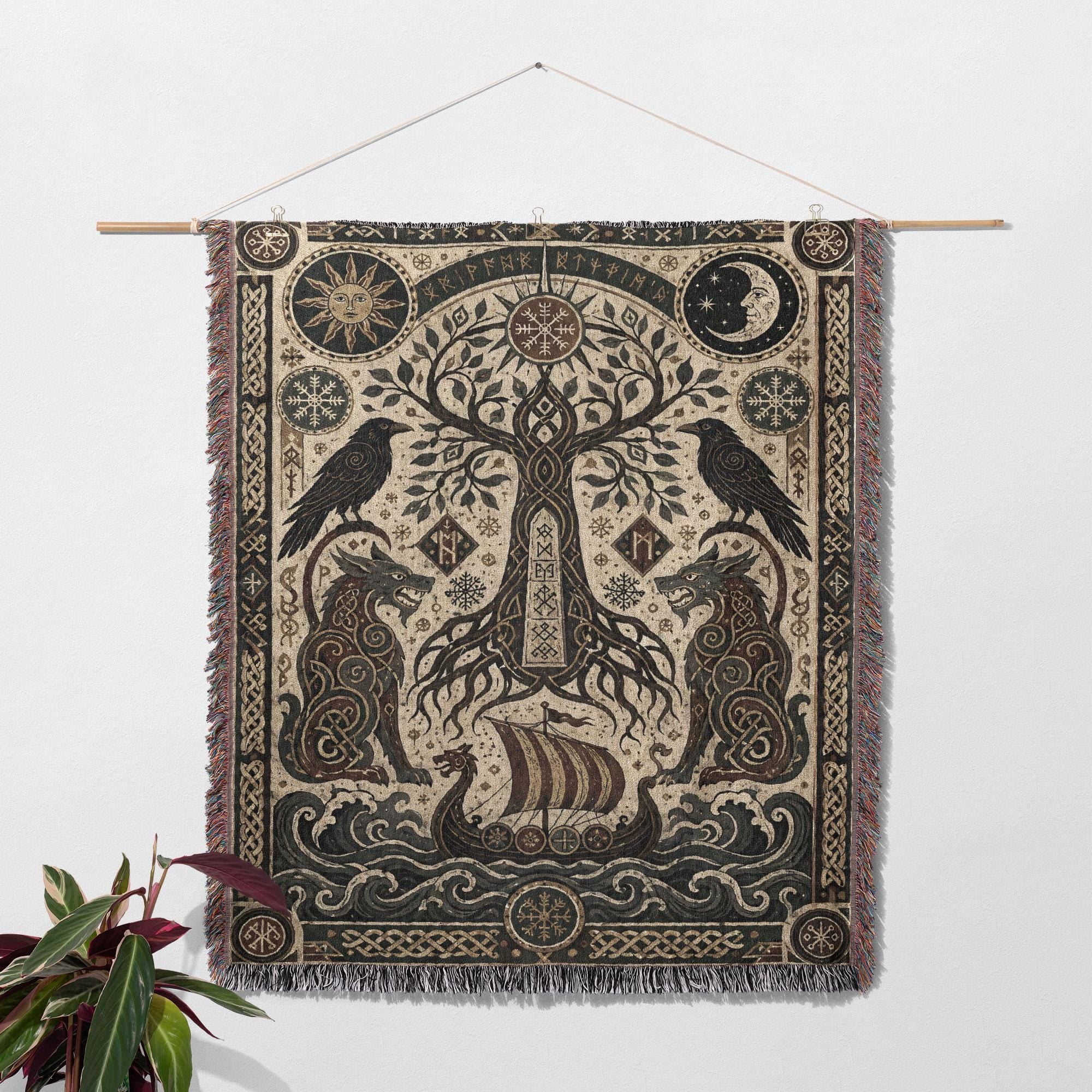 Viking Wolf Blanket - Norse Raven 100% Cotton Woven Blanket, Mythic Tree Wolf Longship Throw