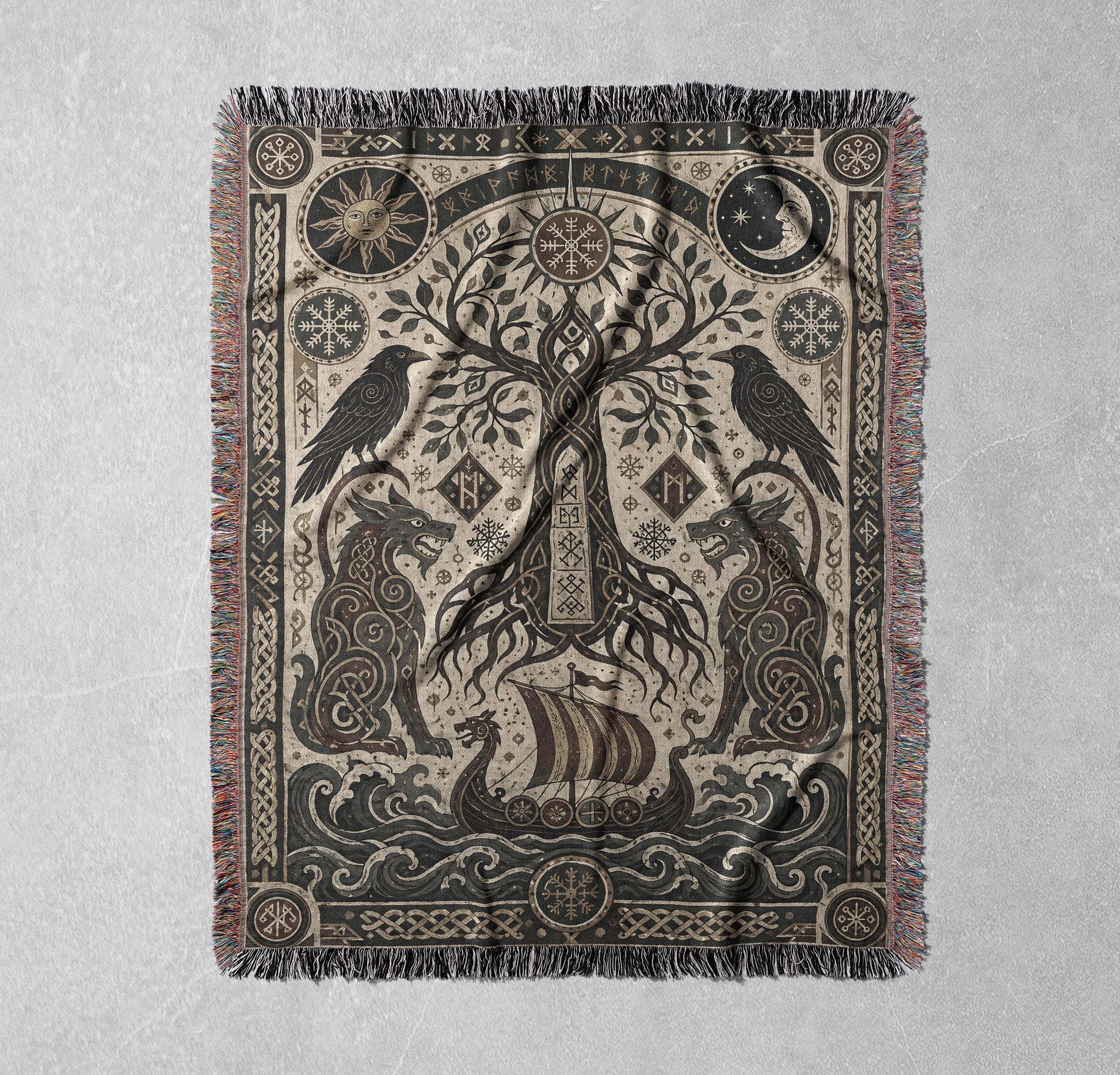 Viking Wolf Blanket - Norse Raven 100% Cotton Woven Blanket, Mythic Tree Wolf Longship Throw
