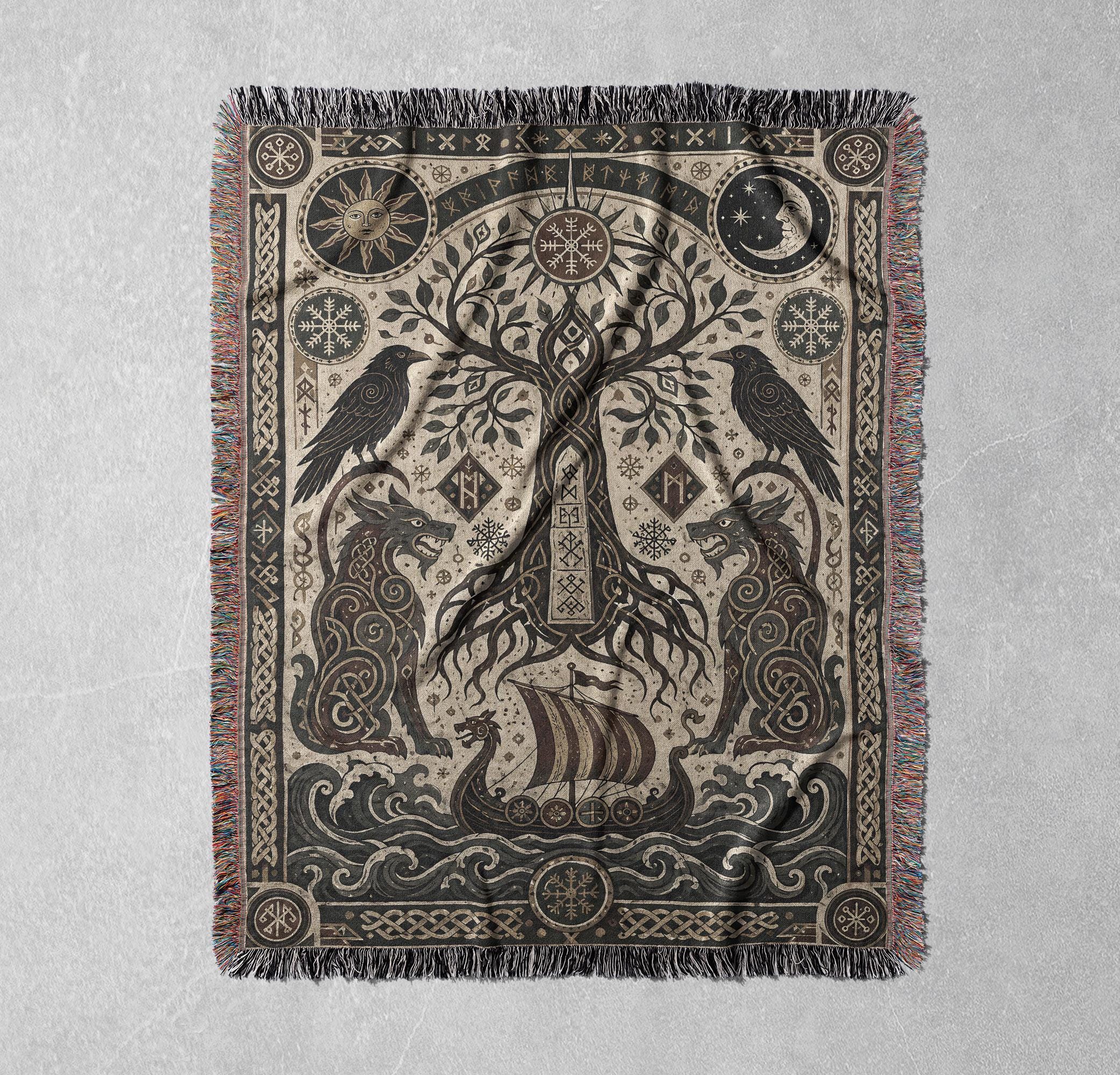 Viking Wolf Blanket - Norse Raven 100% Cotton Woven Blanket, Mythic Tree Wolf Longship Throw