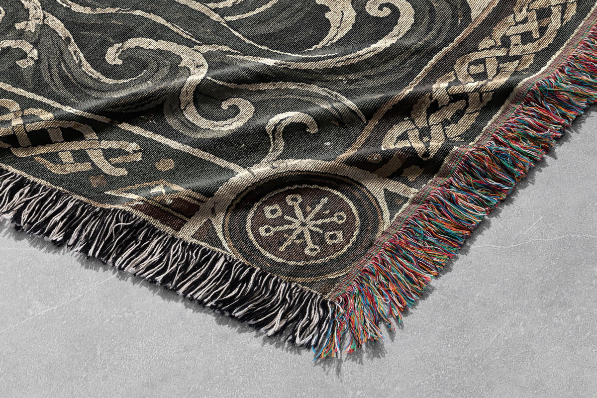 Viking Wolf Blanket - Norse Raven 100% Cotton Woven Blanket, Mythic Tree Wolf Longship Throw