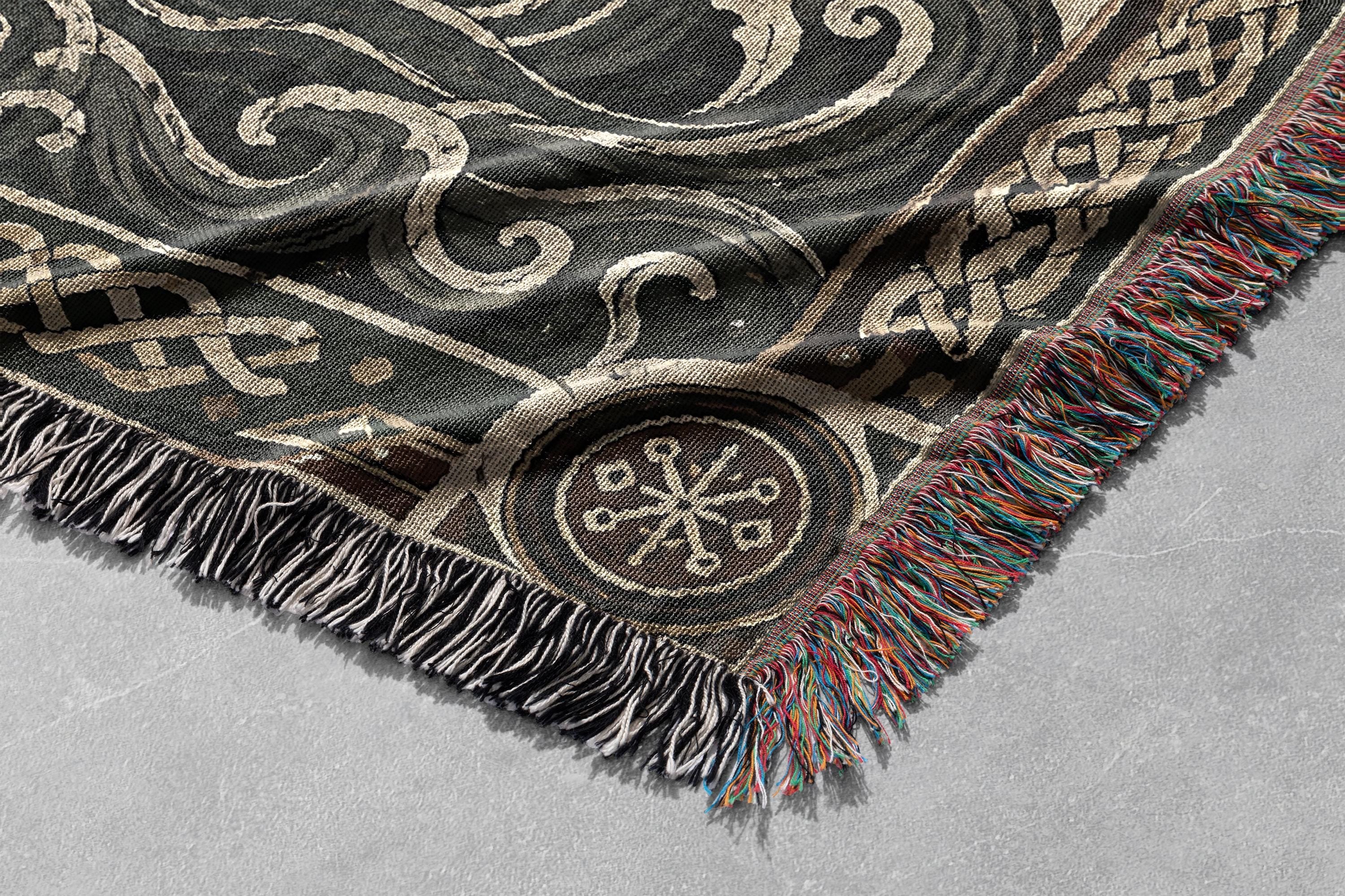 Viking Wolf Blanket - Norse Raven 100% Cotton Woven Blanket, Mythic Tree Wolf Longship Throw