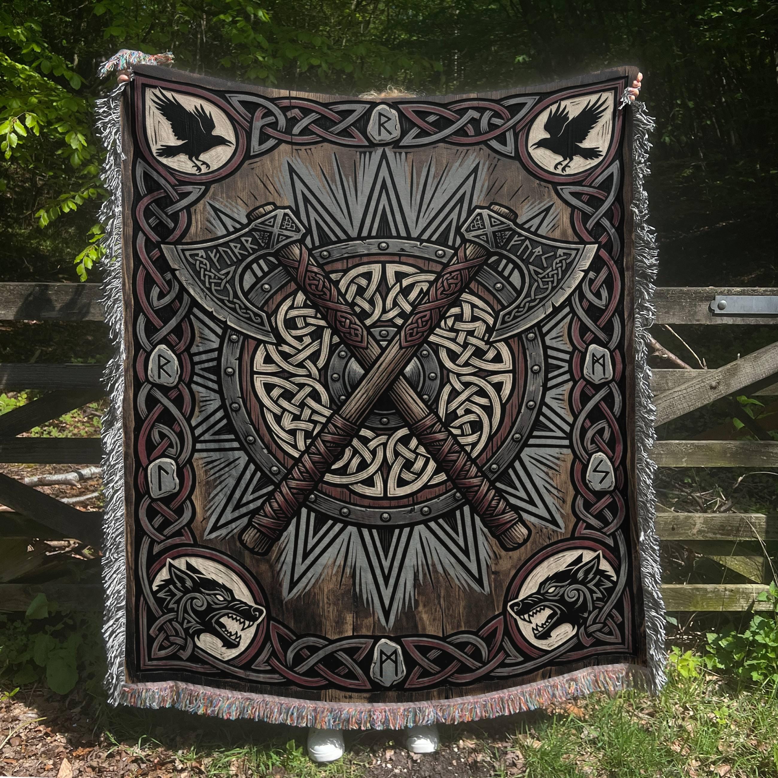 Viking Blanket - Viking Axe Shield Woven Blanket, Norse Warrior Tapestry, Celtic Knotwork Throw