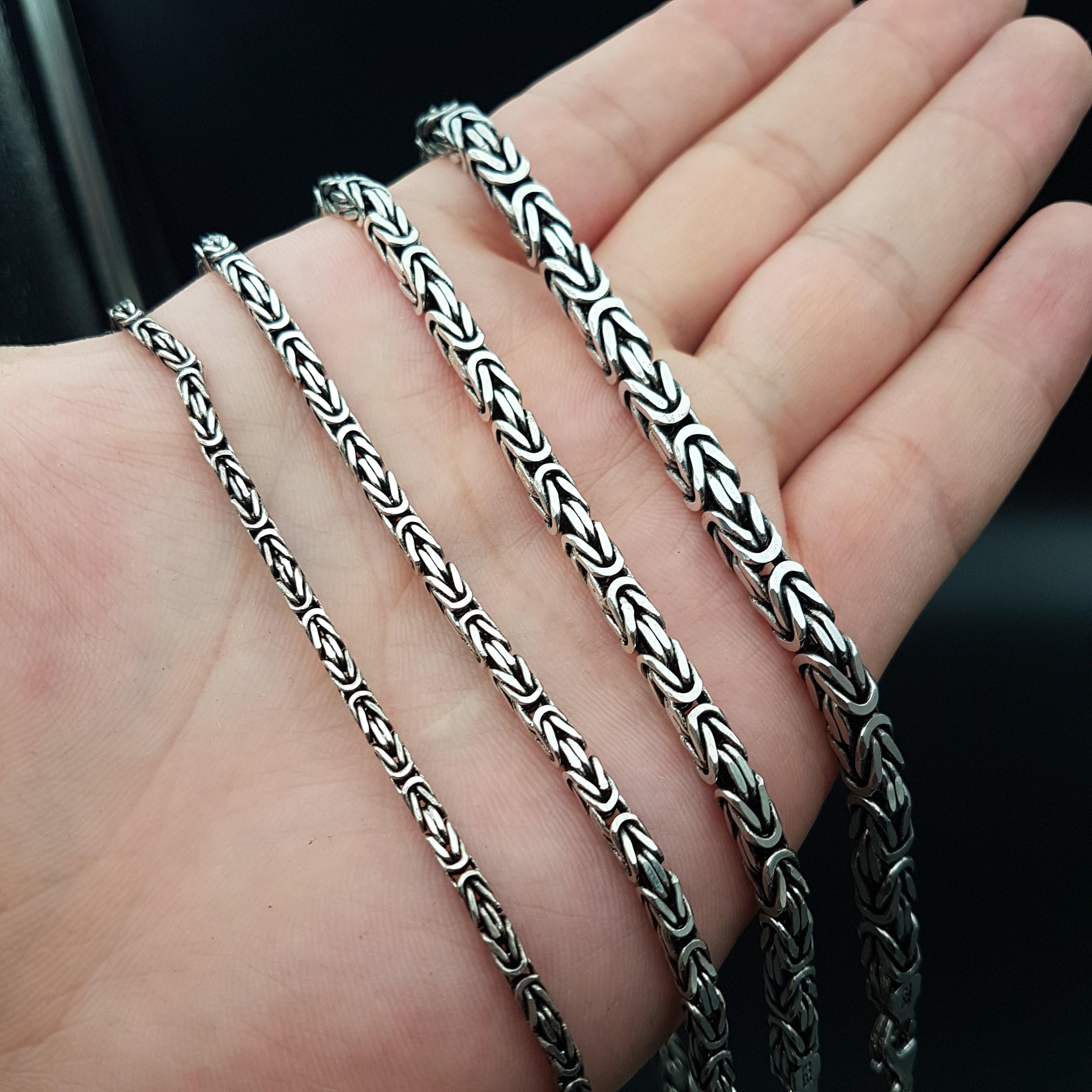 Viking Necklace - Oxidized Silver Square Byzantine Chain Necklace, 925 Sterling Silver Viking