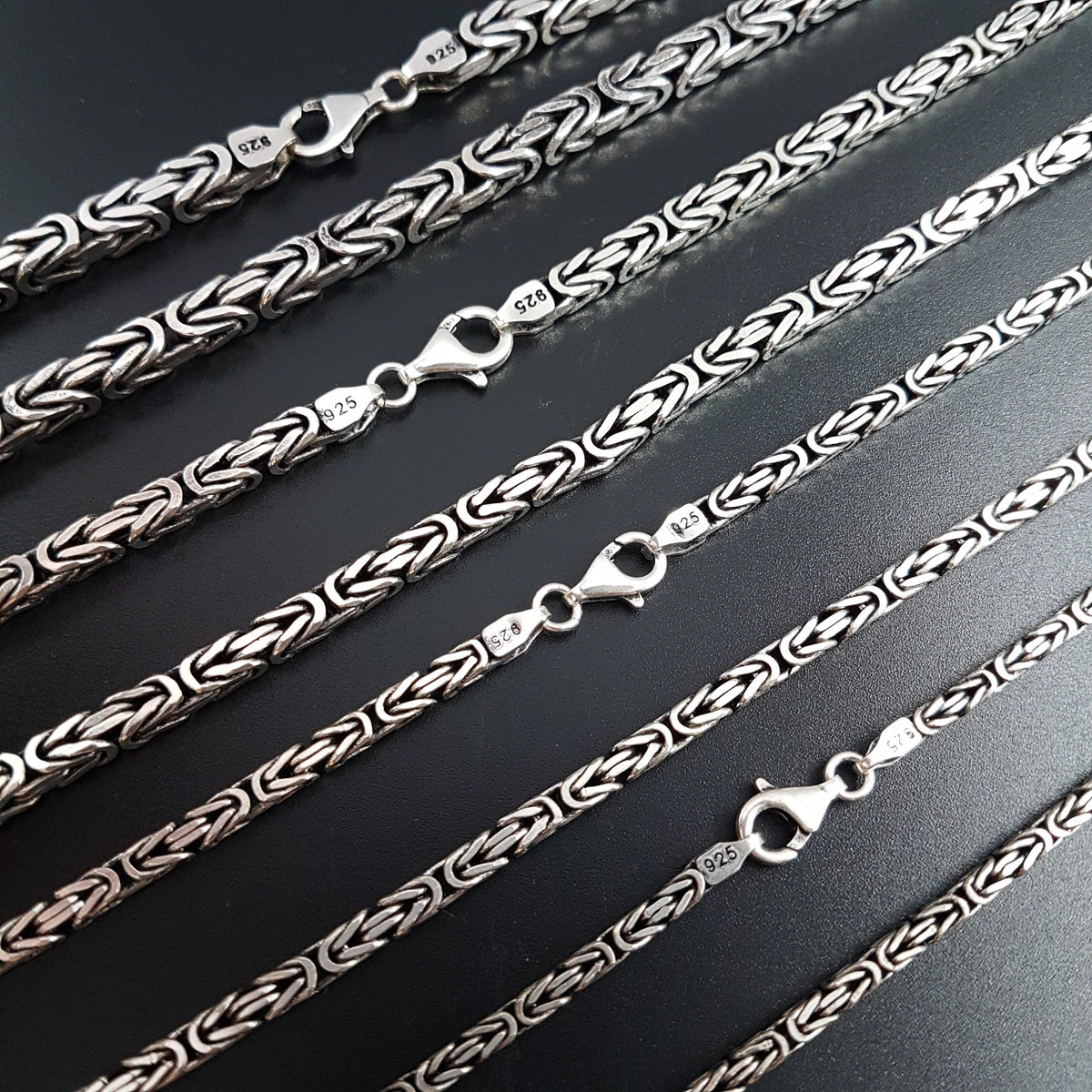 Viking Necklace - Oxidized Silver Square Byzantine Chain Necklace, 925 Sterling Silver Viking