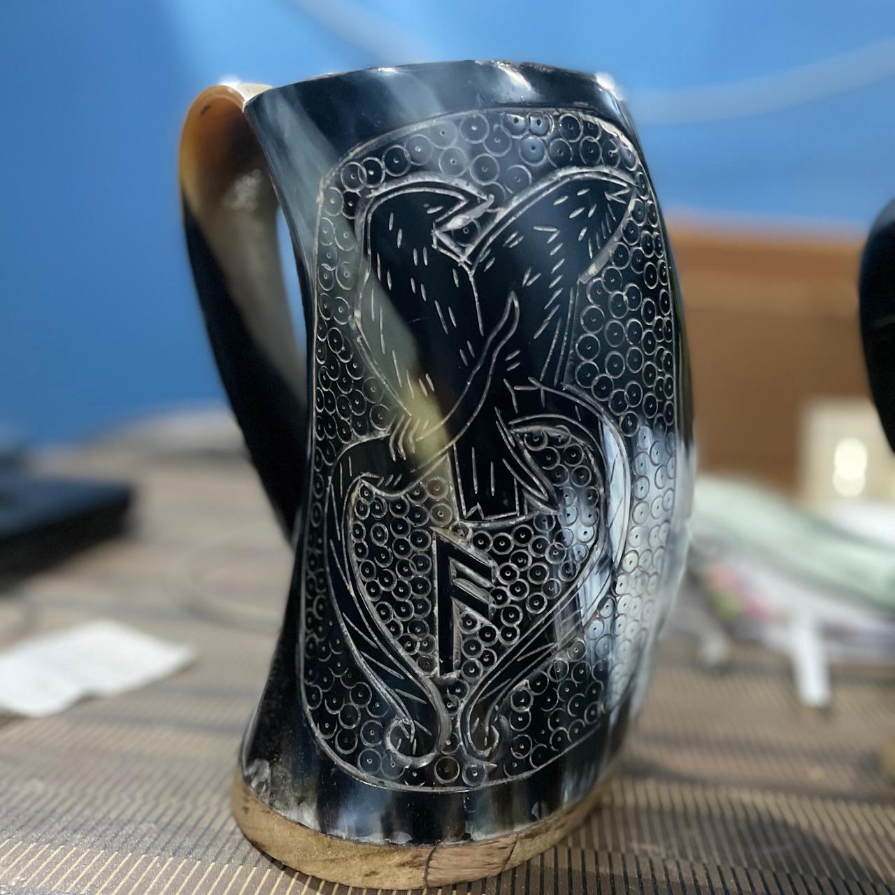 Viking Raven Mug - Authentic Drinking Horn Mug, Engraved Norse Raven Horn Tankard, Viking Mead