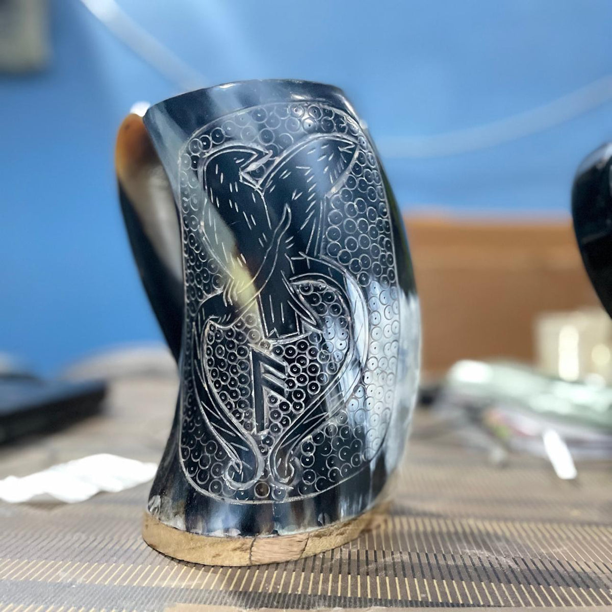 Viking Raven Mug - Authentic Drinking Horn Mug, Engraved Norse Raven Horn Tankard, Viking Mead