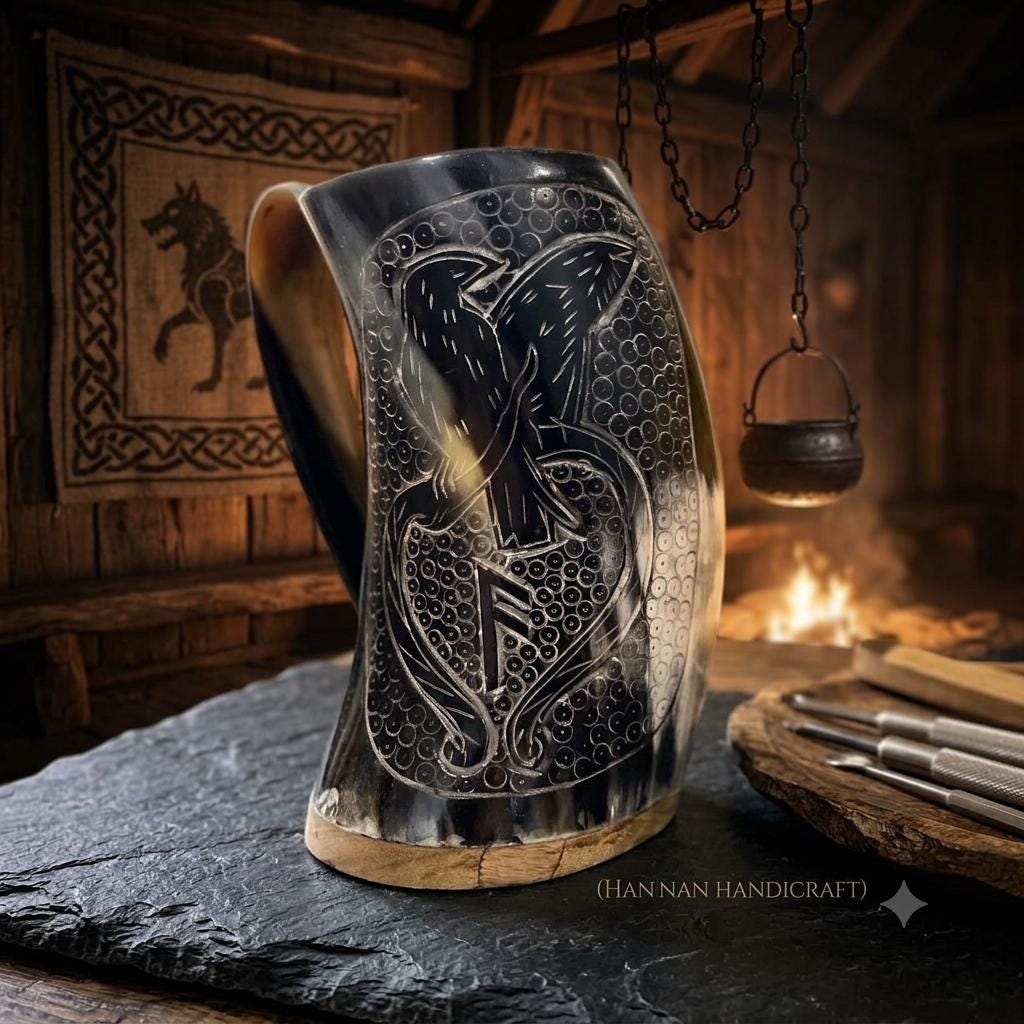 Viking Raven Mug - Authentic Drinking Horn Mug, Engraved Norse Raven Horn Tankard, Viking Mead