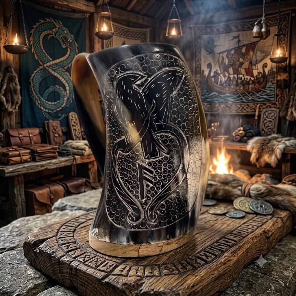 Viking Raven Mug - Authentic Drinking Horn Mug, Engraved Norse Raven Horn Tankard, Viking Mead