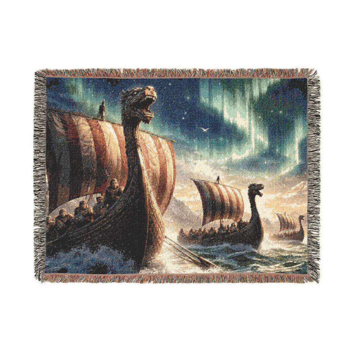 Viking Longship Blanket - Viking Longship Scene Woven Blanket, Norse Ships Aurora Tapestry Throw