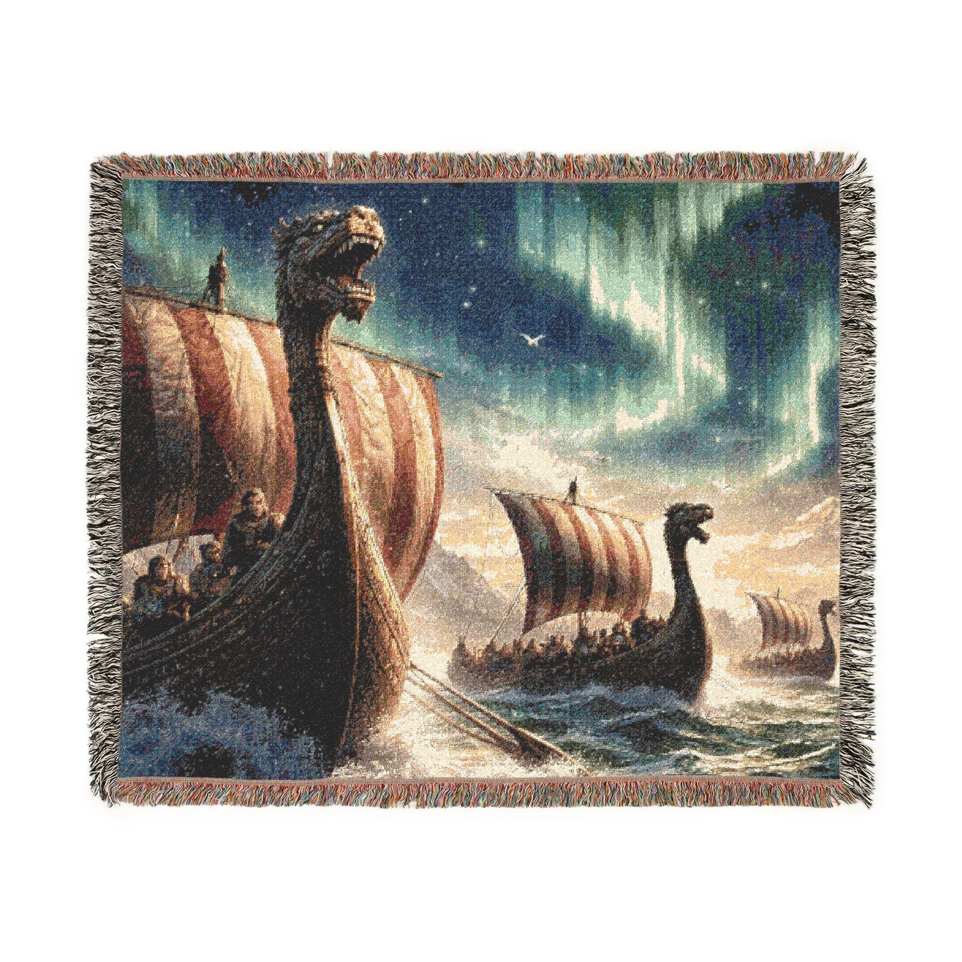 Viking Longship Blanket - Viking Longship Scene Woven Blanket, Norse Ships Aurora Tapestry Throw