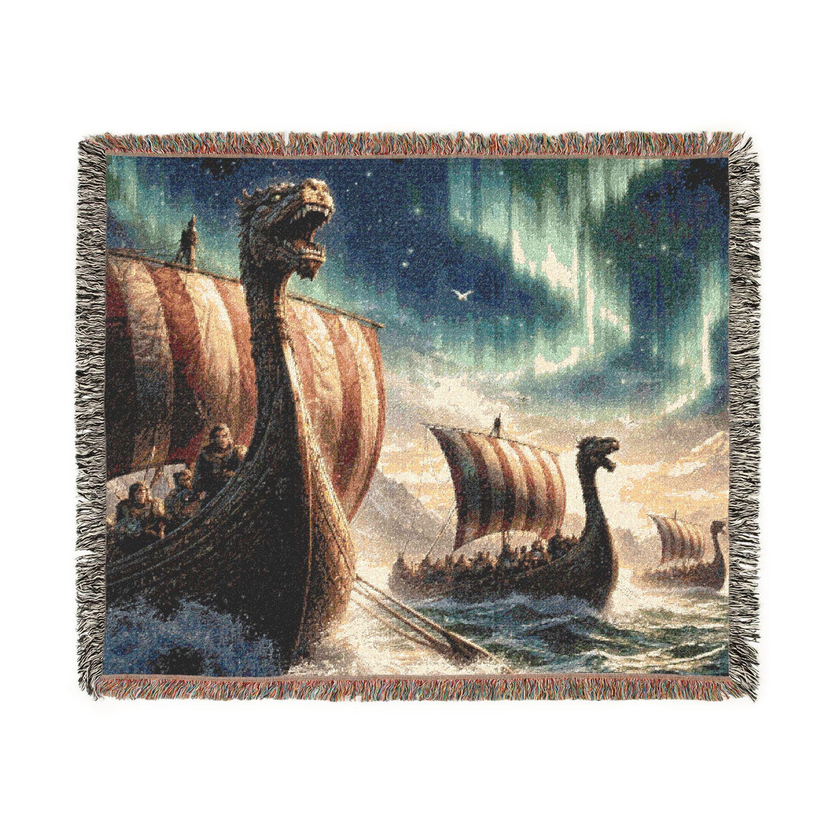 Viking Longship Blanket - Viking Longship Scene Woven Blanket, Norse Ships Aurora Tapestry Throw
