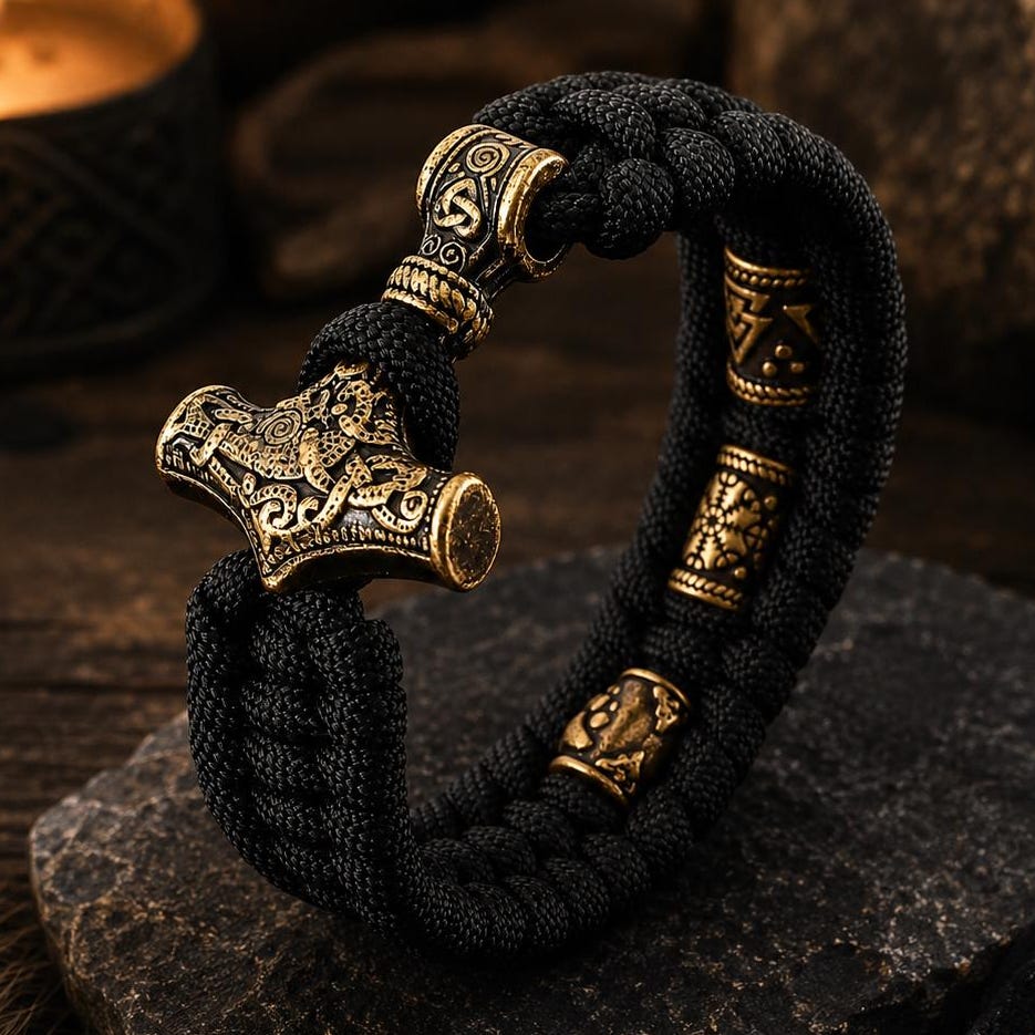 Viking Thor's Hammer Bracelet - Mjolnir Bracelet with Thor Hammer, Braided Viking Leather Bracelet
