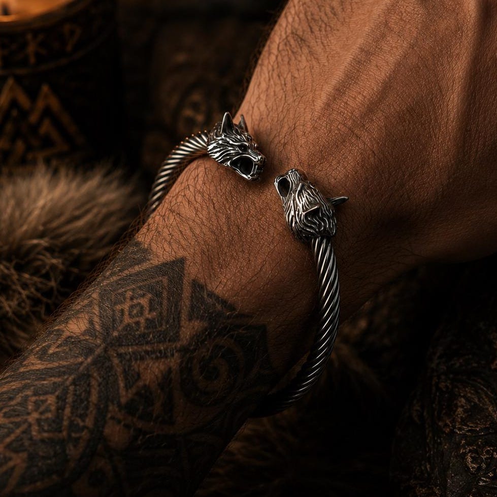 Viking Wolf Ring - Viking Wolf Head Torque Cuff Bracelet - Stainless Steel Fenrir Norse Arm Ring