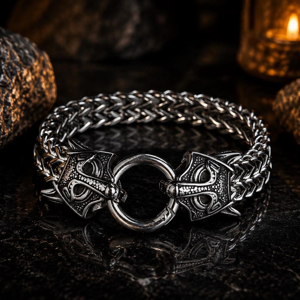 Viking Wolf Bracelet - Antique Fenrir Bracelet, Fenrir Viking Bracelet, wolf head mans bracelet