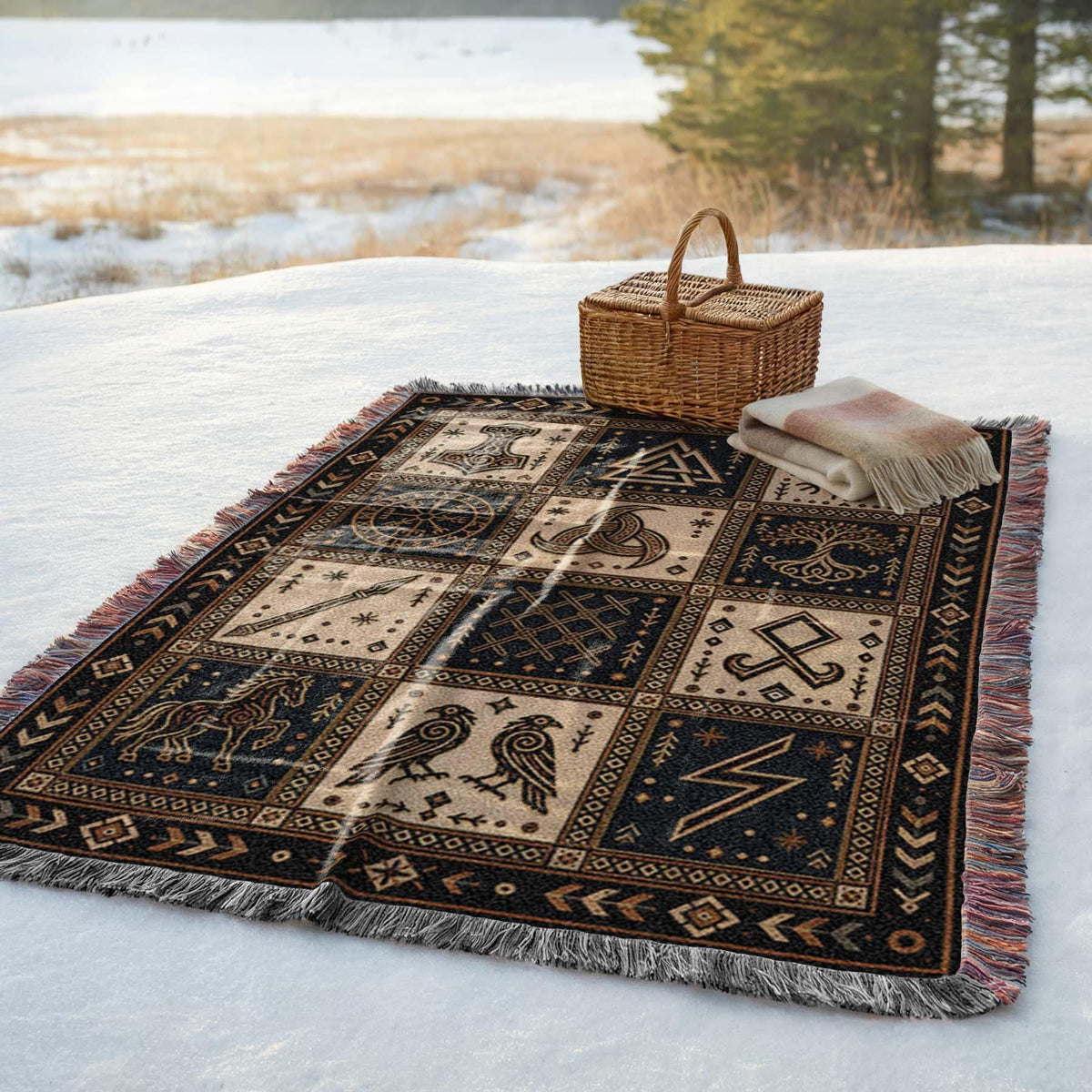 Viking Rune Blanket - Nordic Symbols Cotton Woven Blanket, Viking Norse Throw, Scandinavian