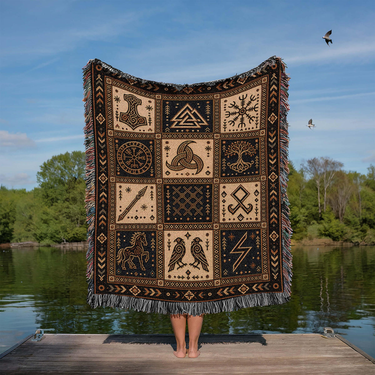 Viking Rune Blanket - Nordic Symbols Cotton Woven Blanket, Viking Norse Throw, Scandinavian