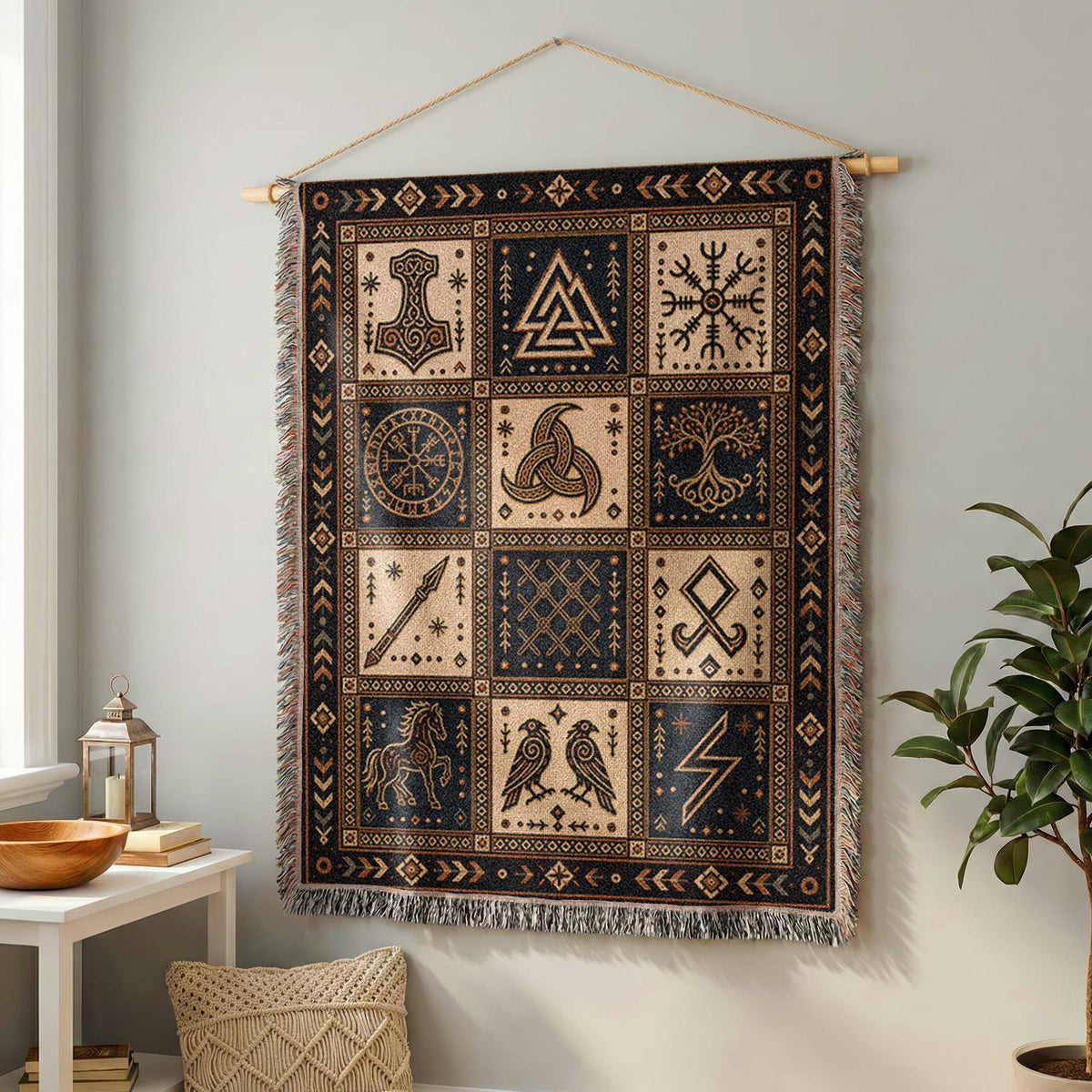 Viking Rune Blanket - Nordic Symbols Cotton Woven Blanket, Viking Norse Throw, Scandinavian