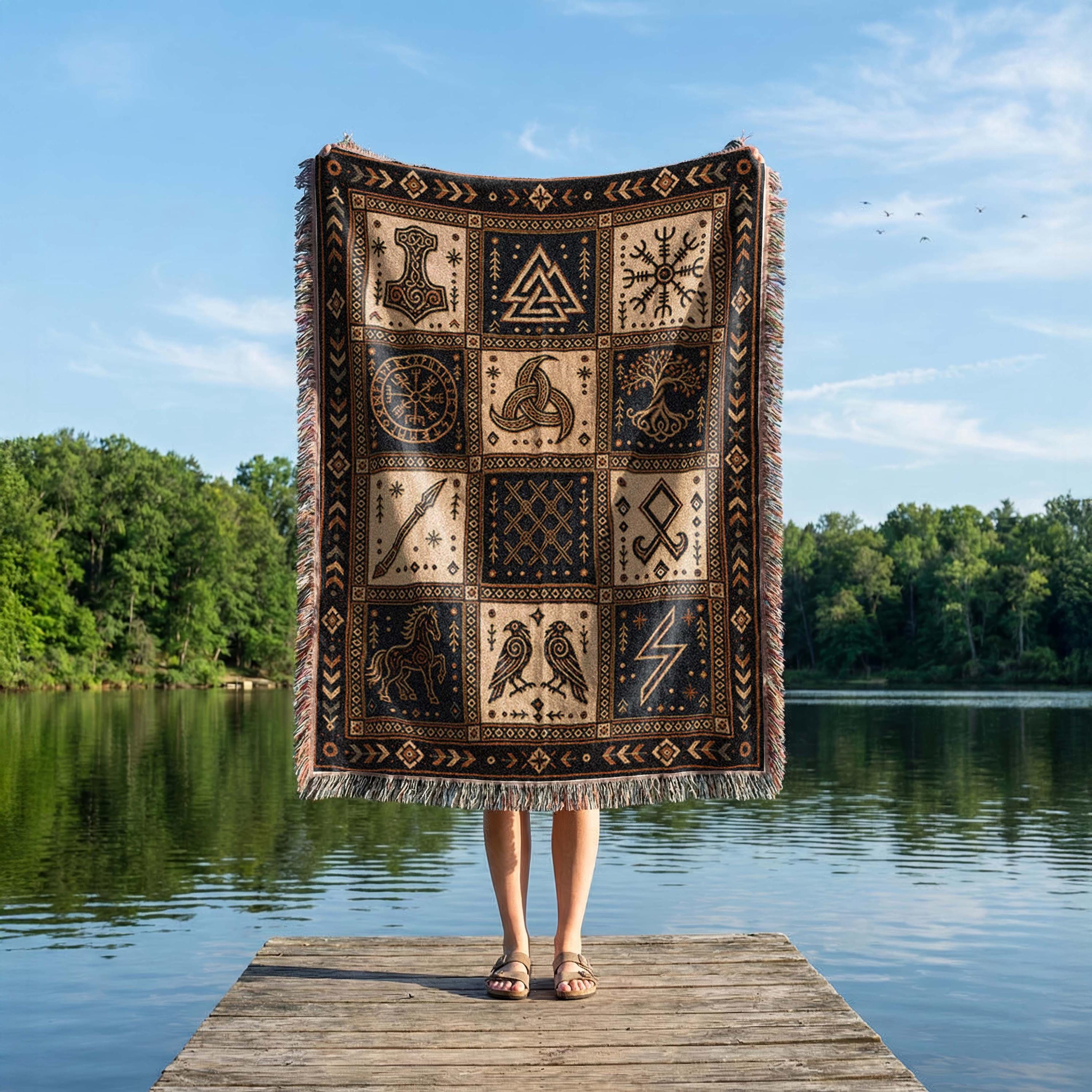 Viking Rune Blanket - Nordic Symbols Cotton Woven Blanket, Viking Norse Throw, Scandinavian