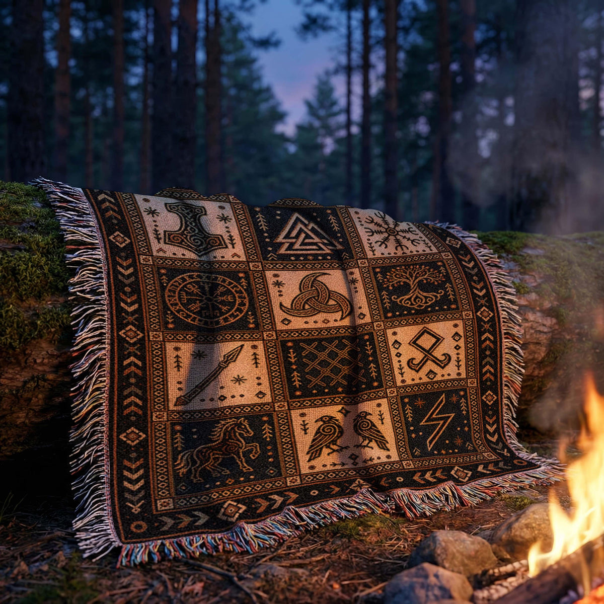 Viking Rune Blanket - Nordic Symbols Cotton Woven Blanket, Viking Norse Throw, Scandinavian