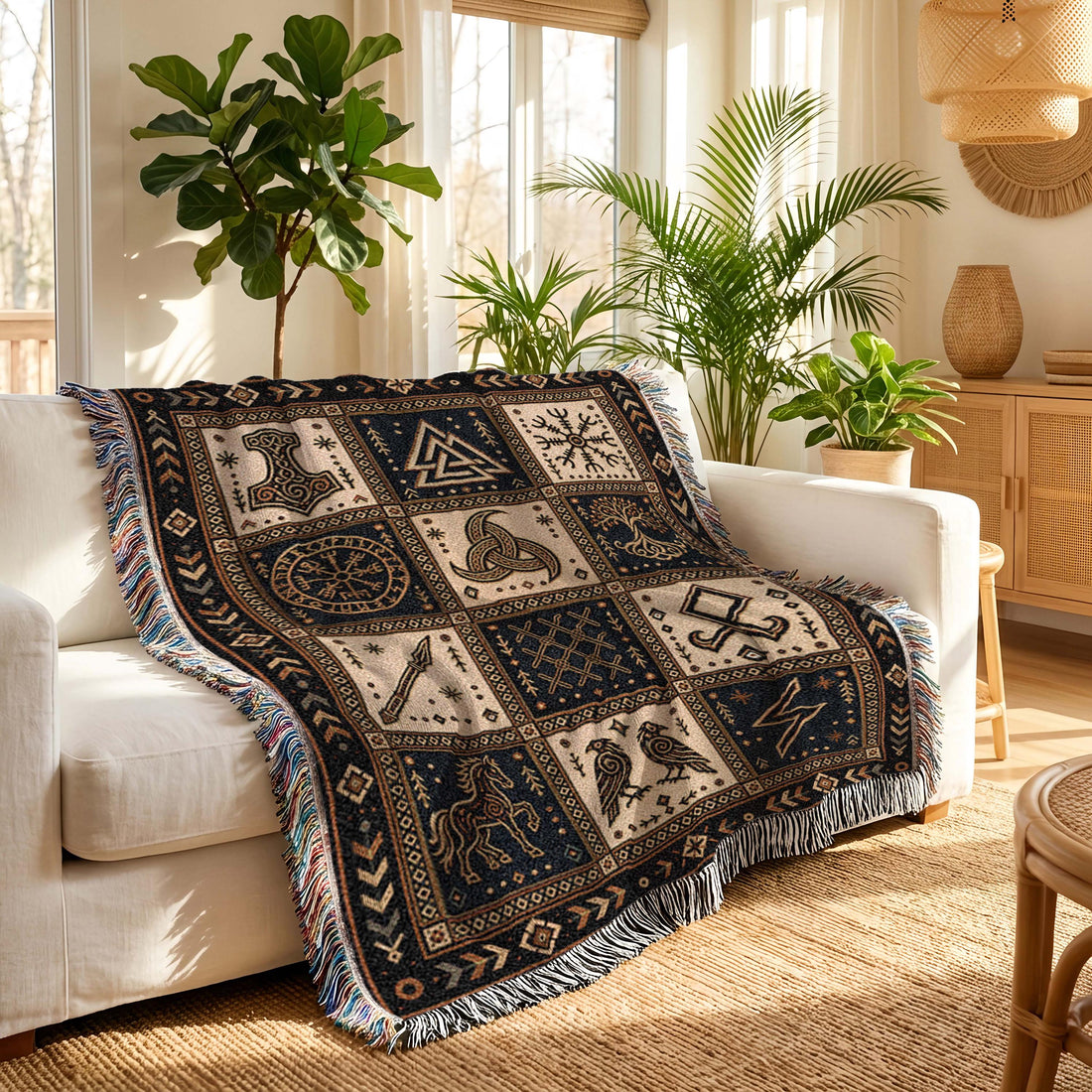 Viking Rune Blanket - Nordic Symbols Cotton Woven Blanket, Viking Norse Throw, Scandinavian