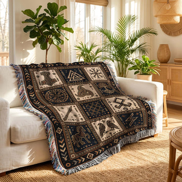 Viking Rune Blanket - Nordic Symbols Cotton Woven Blanket, Viking Norse Throw, Scandinavian