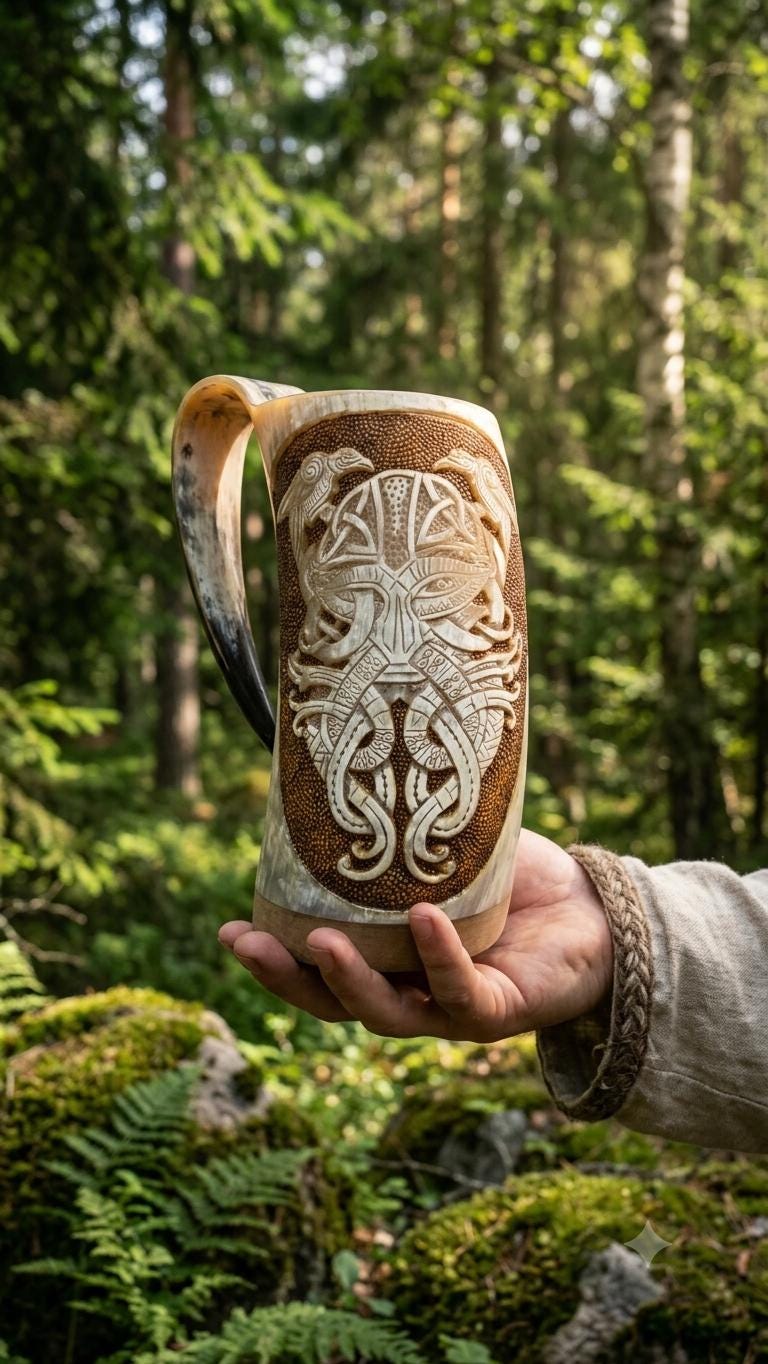 Viking Odin Mug - Hand Carved Viking Horn Mug, Norse Odin Tankard, Medieval Mead Cup (500-650ml)
