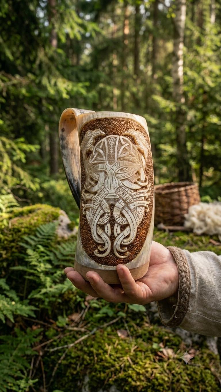 Viking Odin Mug - Hand Carved Viking Horn Mug, Norse Odin Tankard, Medieval Mead Cup (500-650ml)