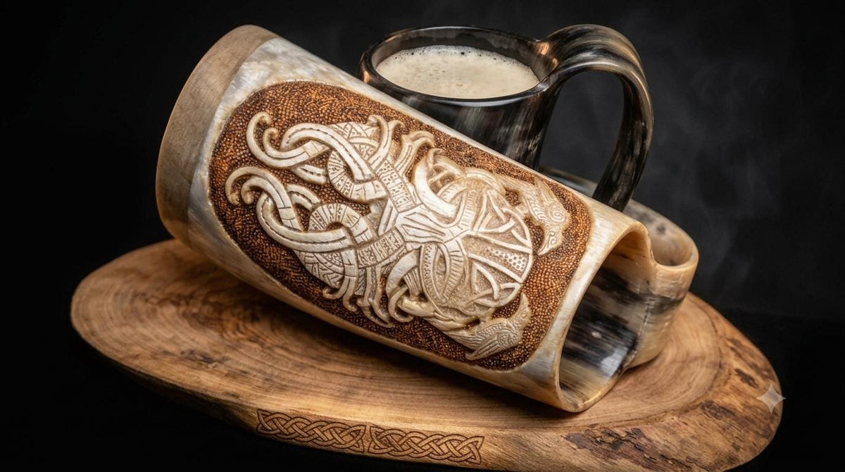 Viking Odin Mug - Hand Carved Viking Horn Mug, Norse Odin Tankard, Medieval Mead Cup (500-650ml)