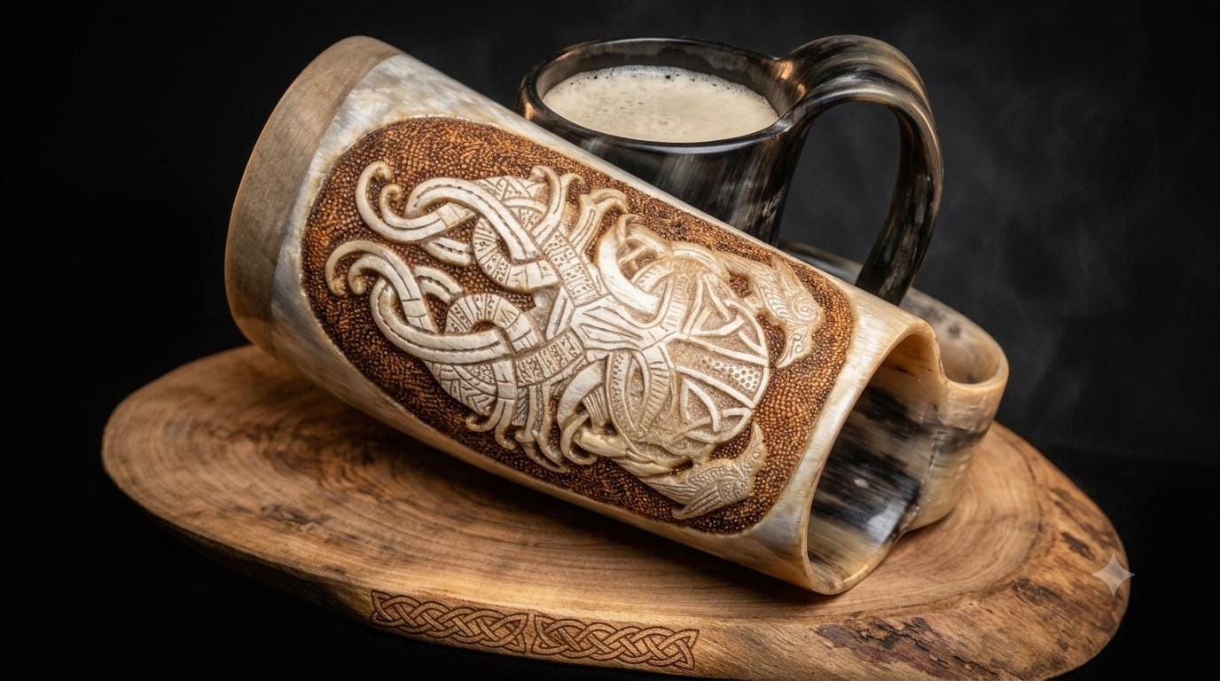 Viking Odin Mug - Hand Carved Viking Horn Mug, Norse Odin Tankard, Medieval Mead Cup (500-650ml)