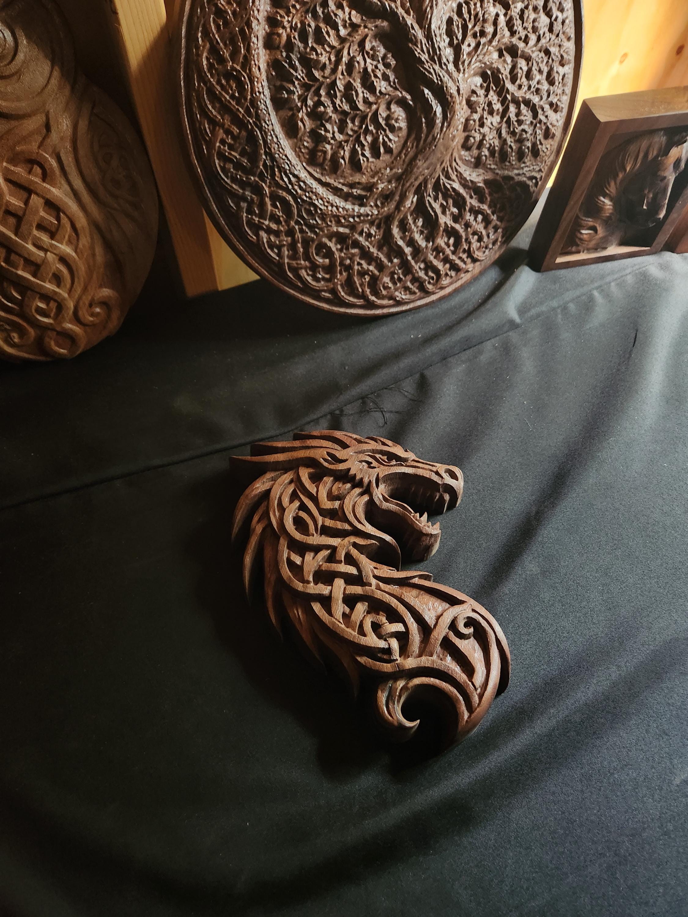 Viking Home Decor - Black Walnut Celtic Dragon Wood Carving – Norse Viking Wall Art