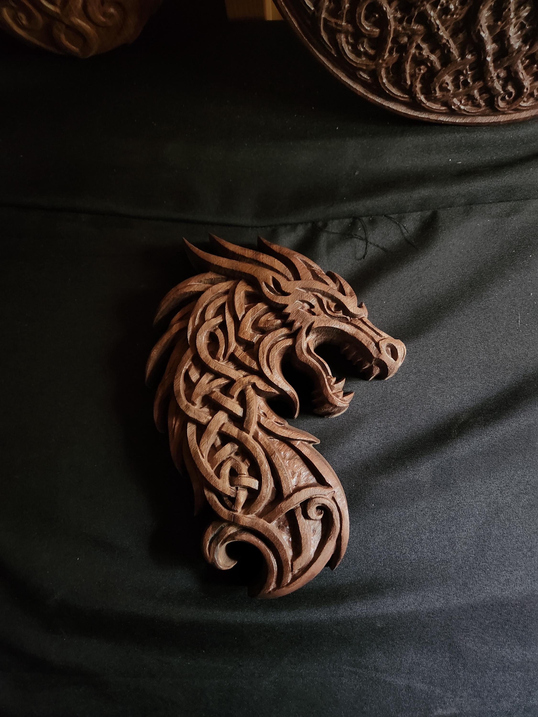 Viking Home Decor - Black Walnut Celtic Dragon Wood Carving – Norse Viking Wall Art