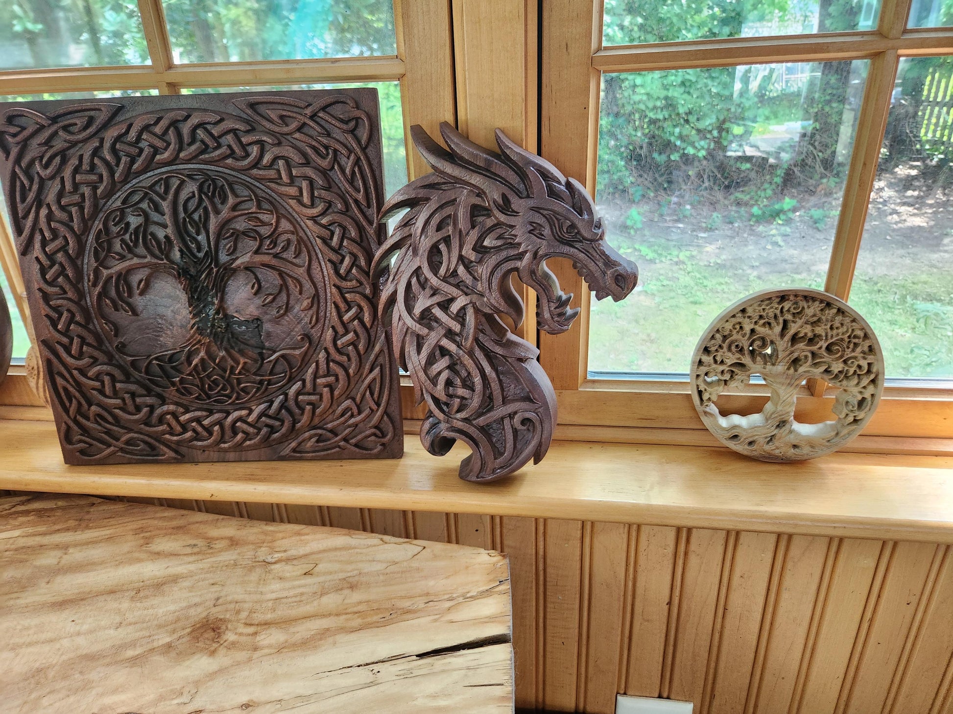 Viking Home Decor - Black Walnut Celtic Dragon Wood Carving – Norse Viking Wall Art