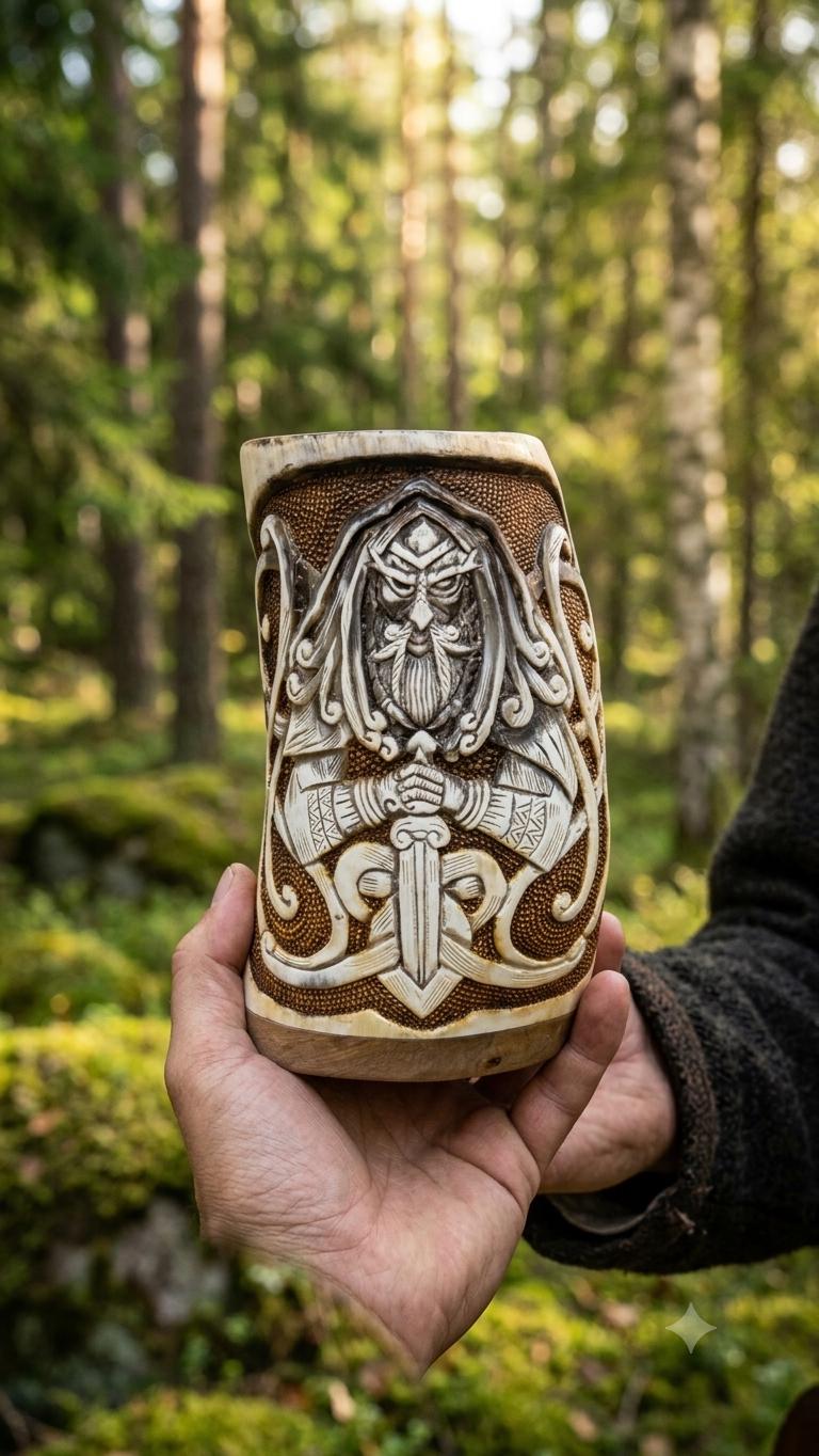 Viking Odin Mug - Hand Carved Viking Horn Mug, Norse Odin Tankard, Medieval Mead Cup (500-650ml)