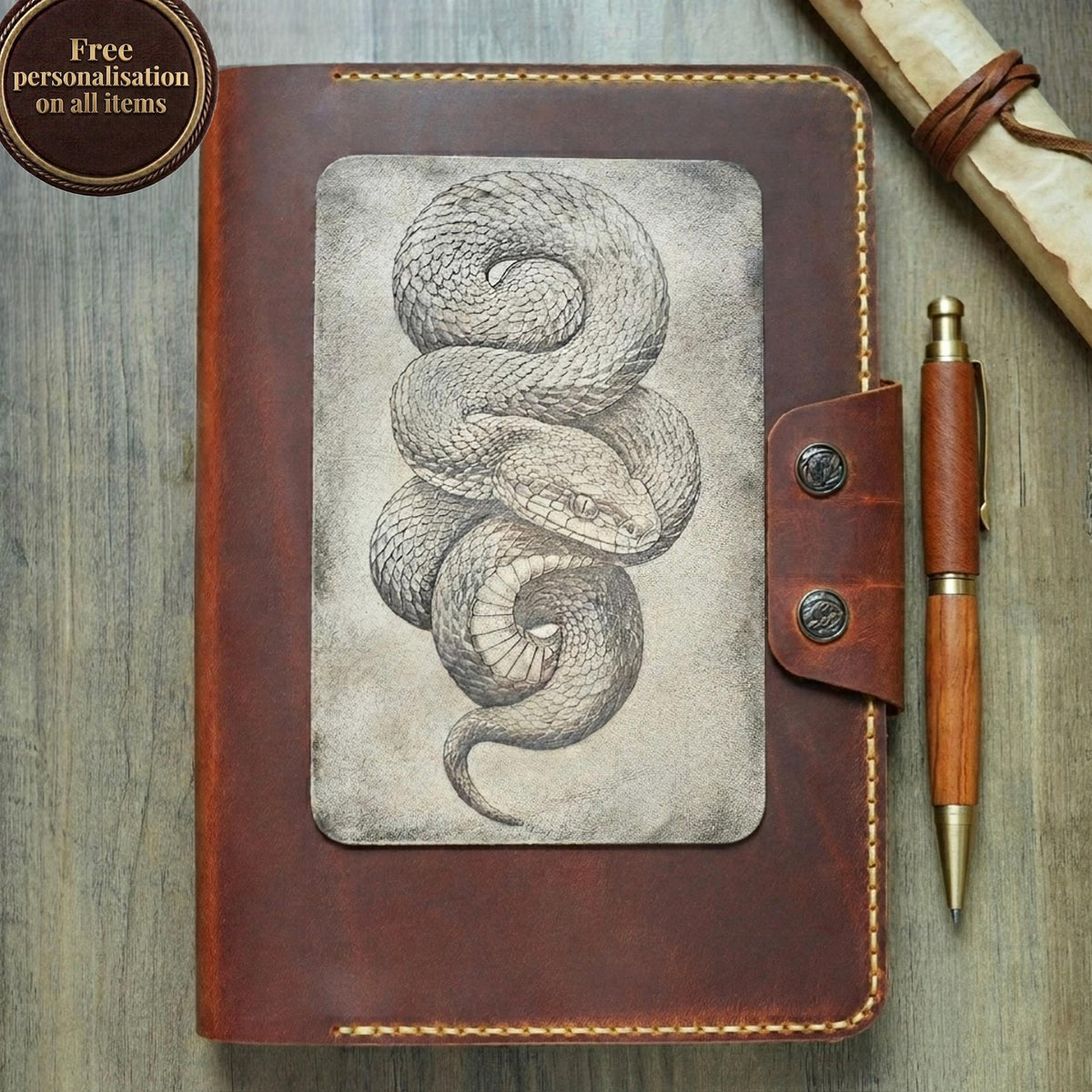 Viking Leather Accessory - Personalised Leather Journal: Refillable A5 Viking Norse Design, Camel