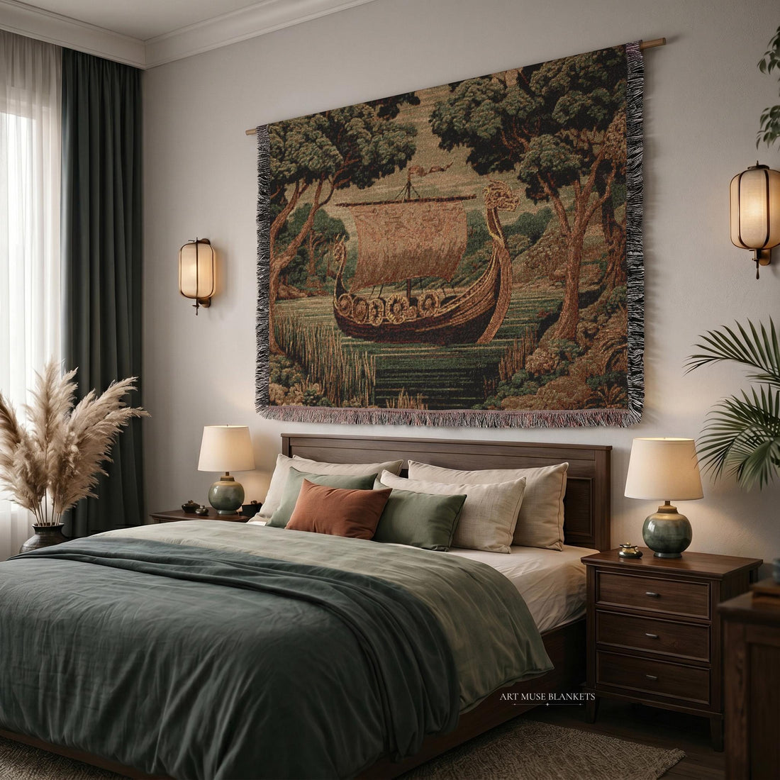 Viking Blanket - Viking Ship Norse Mythology Woven Blanket: Medieval Tapestry Throw