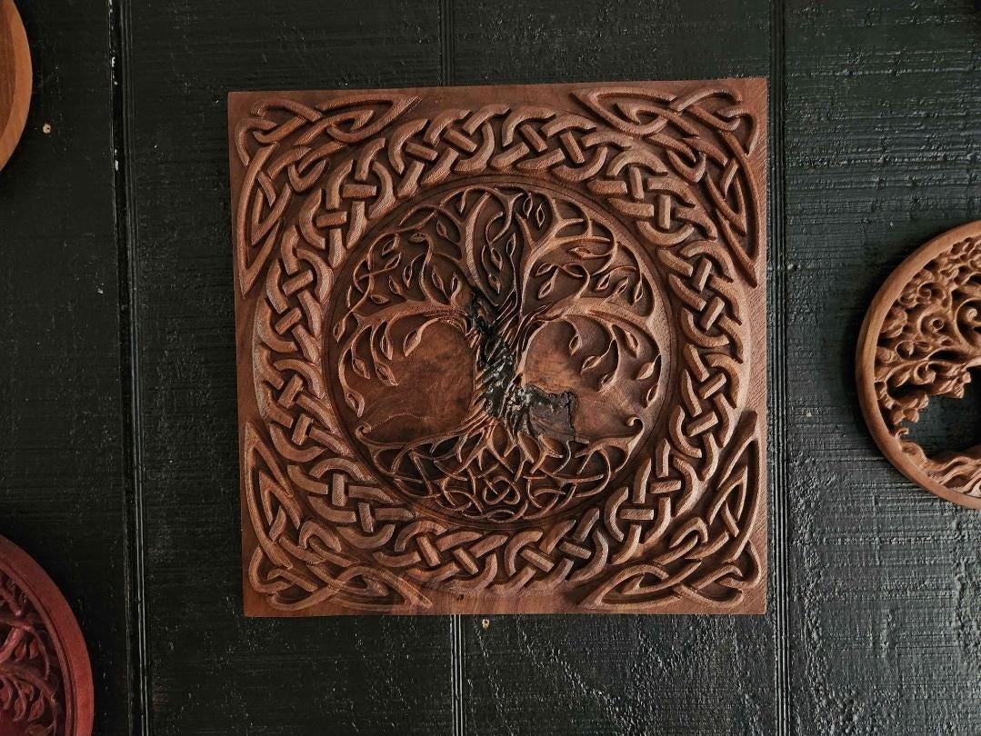 Viking Home Decor - Black Walnut Celtic Dragon Wood Carving – Norse Viking Wall Art