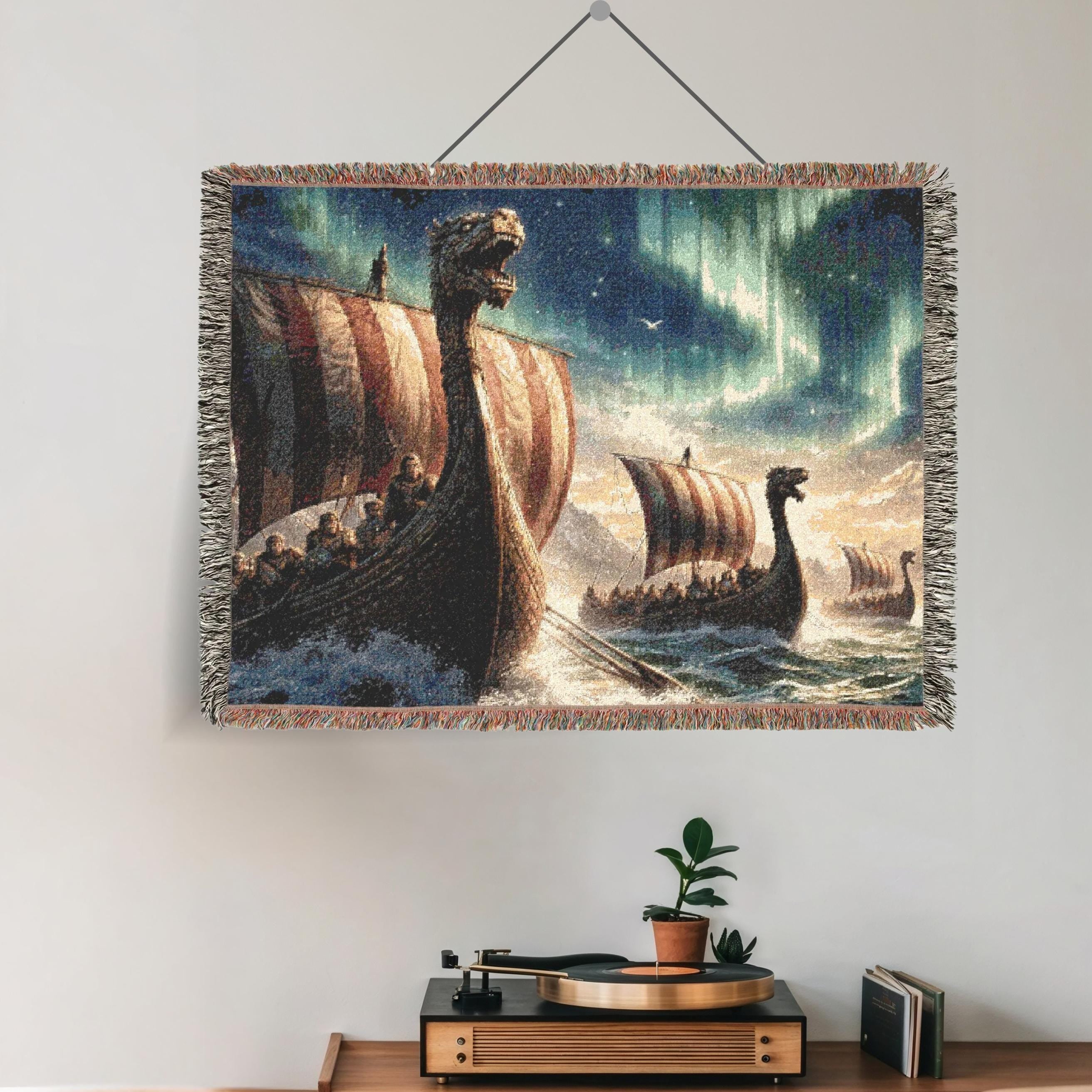 Viking Longship Blanket - Viking Longship Scene Woven Blanket, Norse Ships Aurora Tapestry Throw