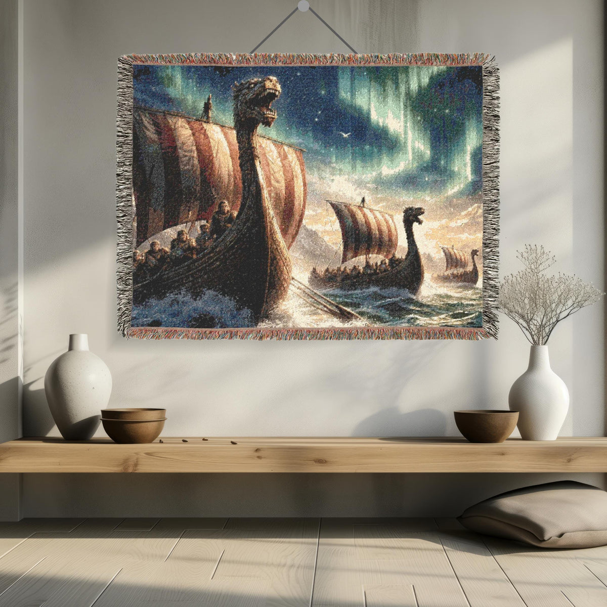 Viking Longship Blanket - Viking Longship Scene Woven Blanket, Norse Ships Aurora Tapestry Throw