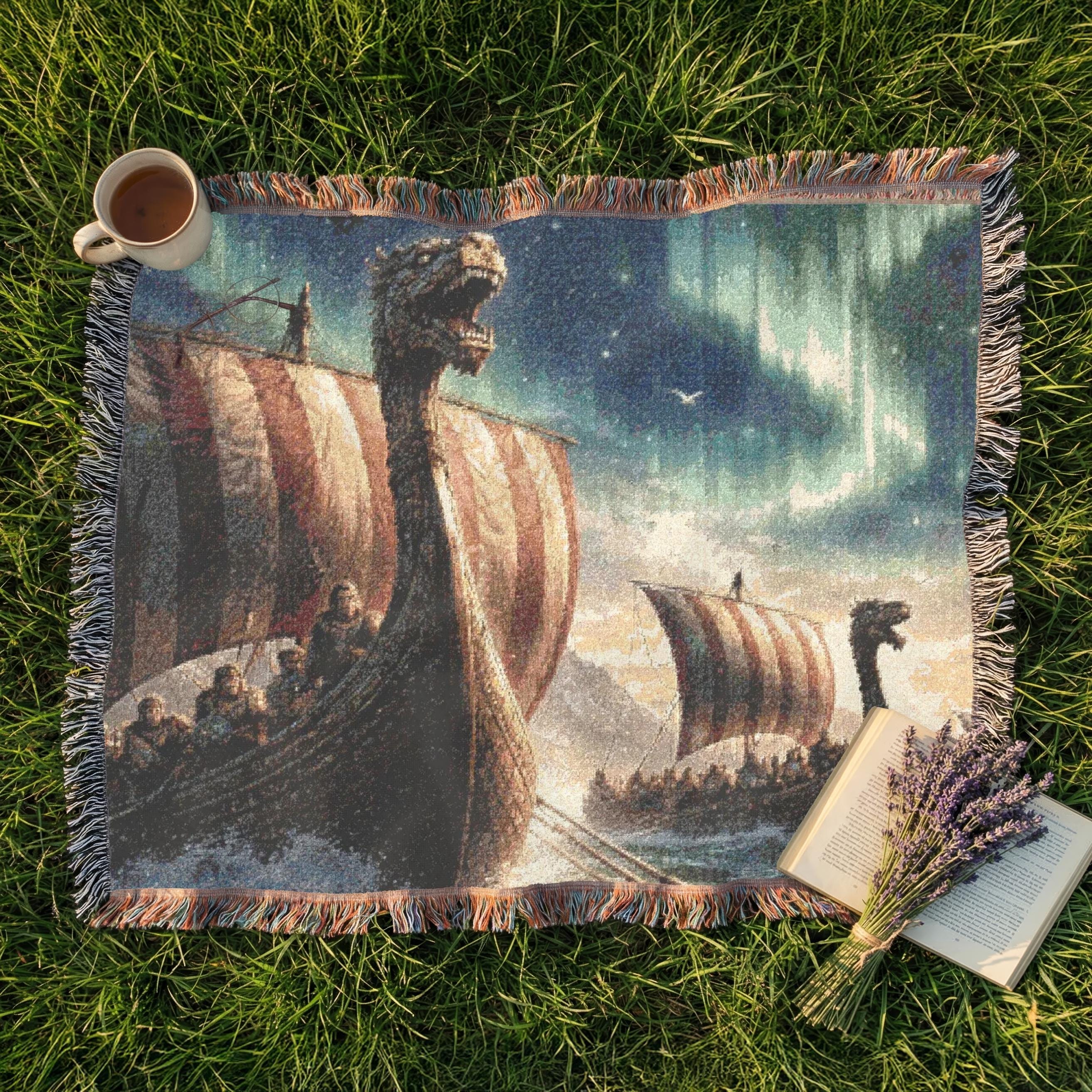 Viking Longship Blanket - Viking Longship Scene Woven Blanket, Norse Ships Aurora Tapestry Throw