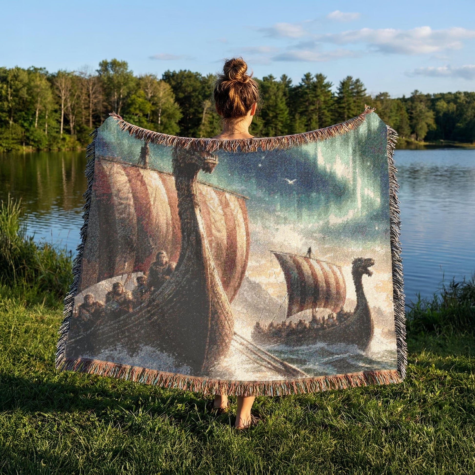 Viking Longship Blanket - Viking Longship Scene Woven Blanket, Norse Ships Aurora Tapestry Throw