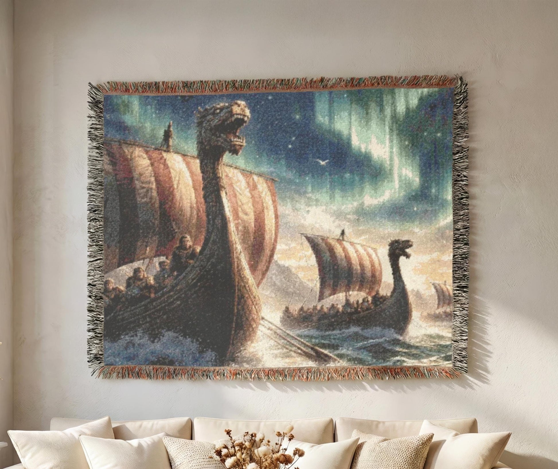 Viking Thor's Hammer Blanket - Viking Longship Woven Blanket, Medieval Norse Mythology Tapestry