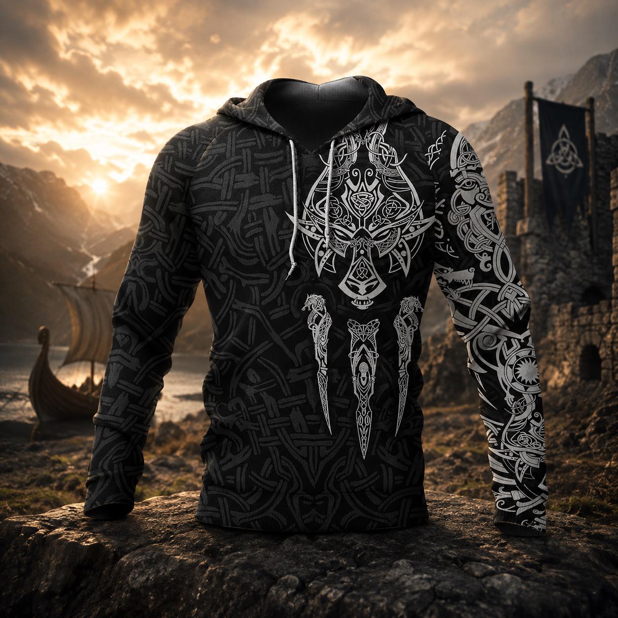 Viking Wolf Hoodie - Viking Wolf Raven Hoodie Sweatshirt T-Shirt, Norse Rune Nordic Mythology
