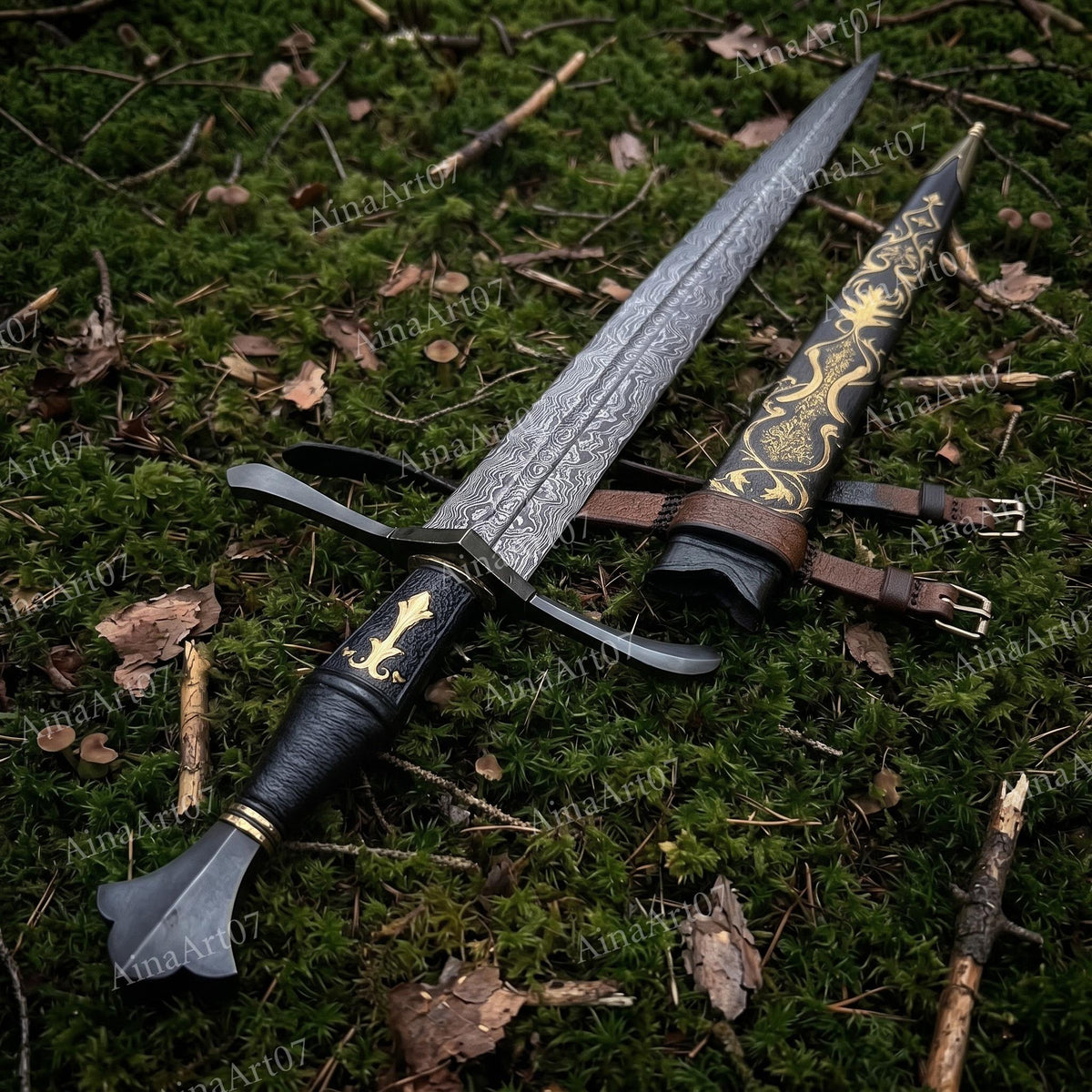 Viking Costume & LARP - 36” Damascus Northmen Sword with Scabbard, Handmade Collectible Medieval
