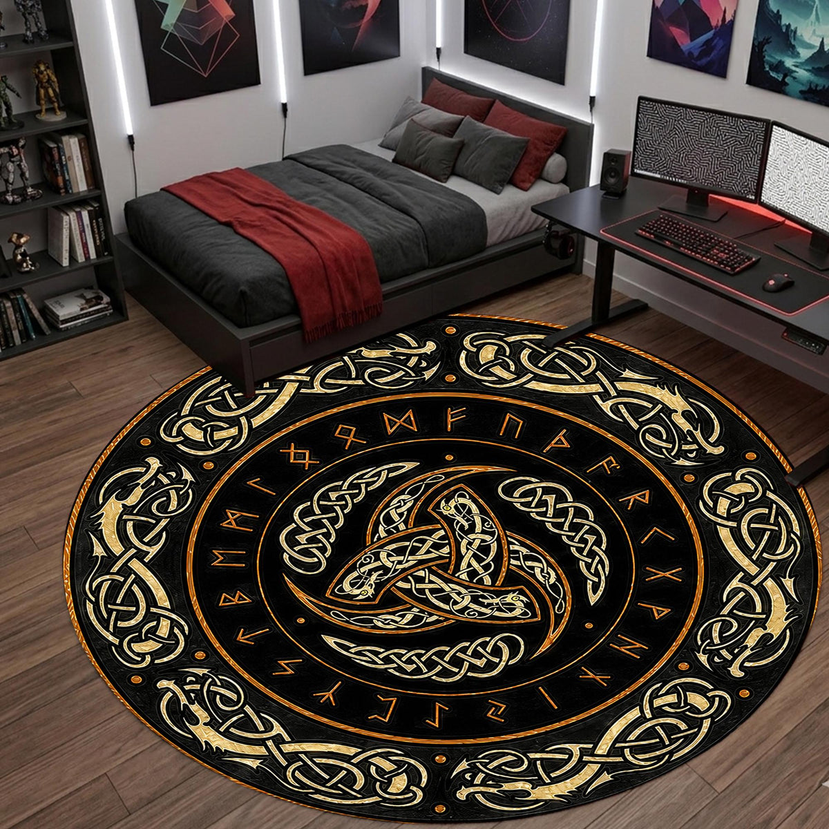 Viking Odin Rug - Viking Round Rug, Norse Mythology Area Rug, Runic Circle Floor Mat, Horn of Odin