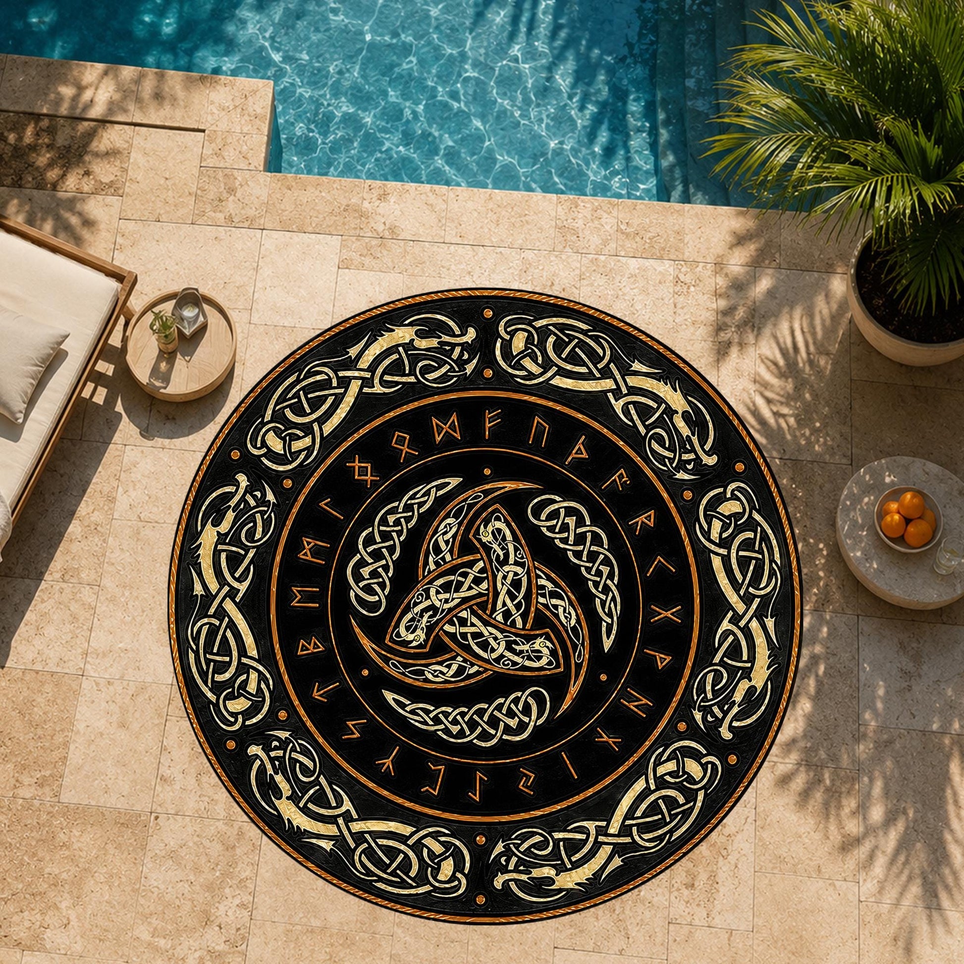 Viking Odin Rug - Viking Round Rug, Norse Mythology Area Rug, Runic Circle Floor Mat, Horn of Odin