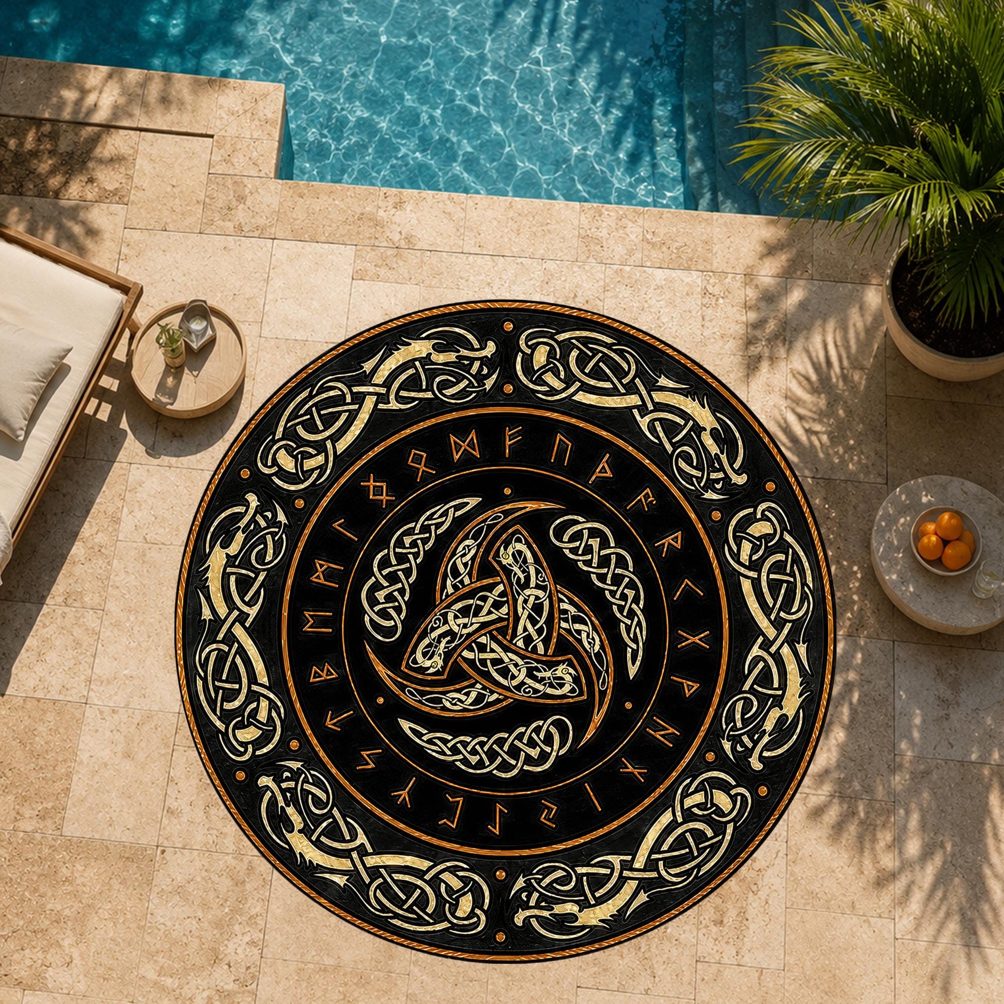 Viking Odin Rug - Viking Round Rug, Norse Mythology Area Rug, Runic Circle Floor Mat, Horn of Odin