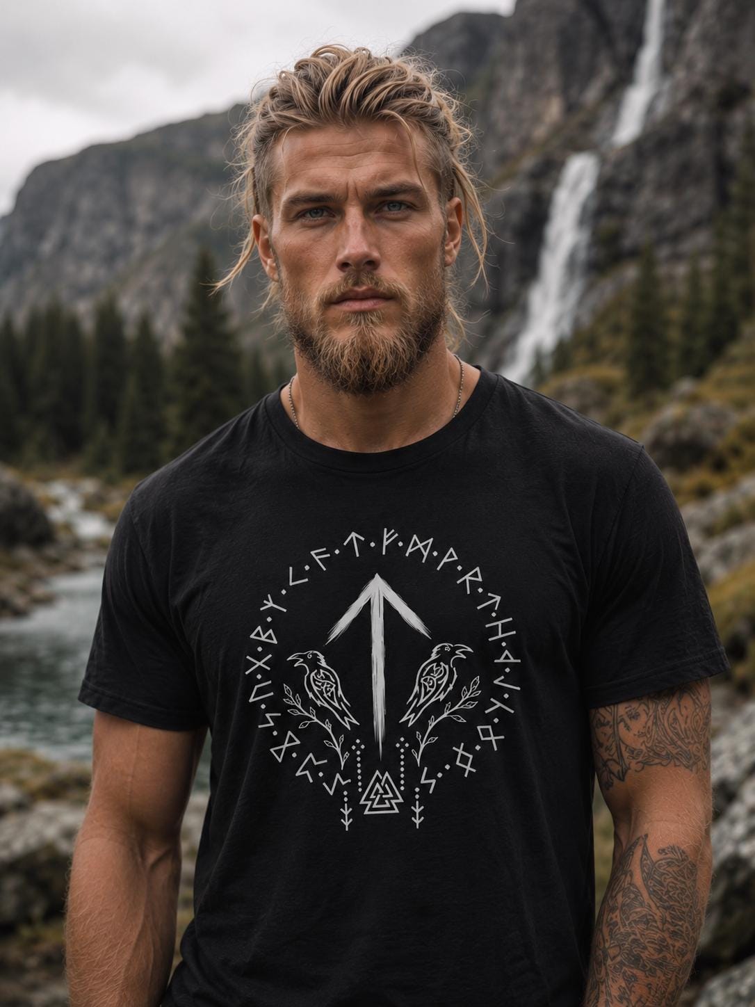 Viking Raven T-Shirt - Tiwaz Rune Viking Shirt, Norse Warrior T-Shirt, Viking Raven Tee, Nordic