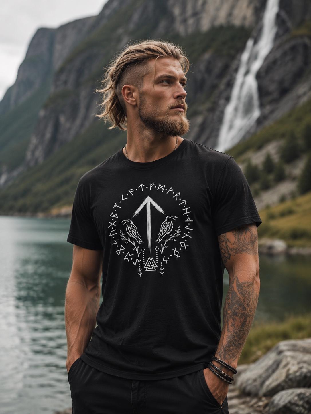 Viking Raven T-Shirt - Tiwaz Rune Viking Shirt, Norse Warrior T-Shirt, Viking Raven Tee, Nordic